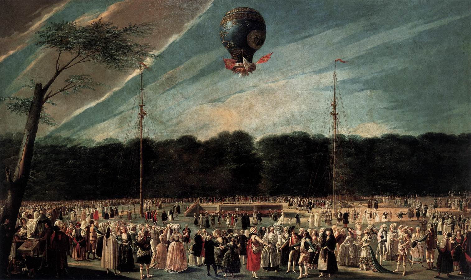 Ascent of the Monsieur Boucle's Montgolfier Balloon in the Gardens of Aranjuez by Antonio Carnicero y Mancio - 14" x 24" Premium Canvas Print