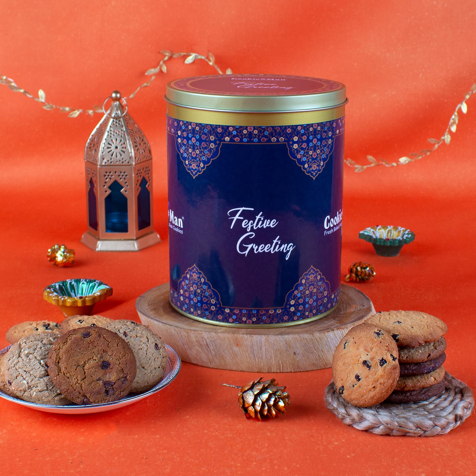 Cookieman Festive Greetings Diwali Cookies Gift Tin - 600g | Diwali Cookies Gift Pack Contains Choco Chip, Double Choco Chip, Butter Cashew, Mocha and Black Currant Cookies