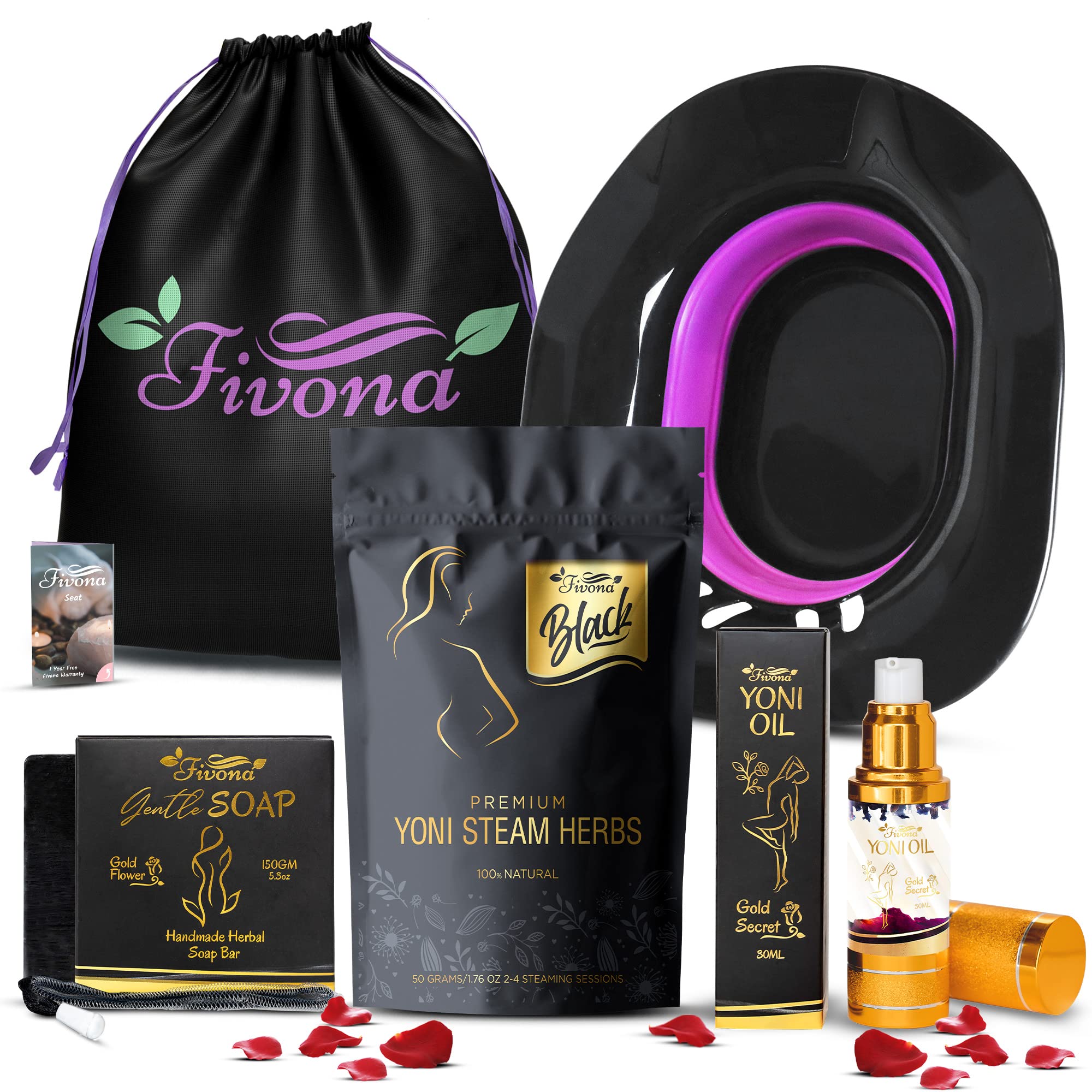 FIVONAYoni Care Kit 5 in 1 Feminine Steaming Set Includes Natural Oil Blend, Sitz Bath Seat, V Steaming Herbs, Herbal Soap and Storage Bag - Effective Detox pH Balance Cleansing and Moisturizing