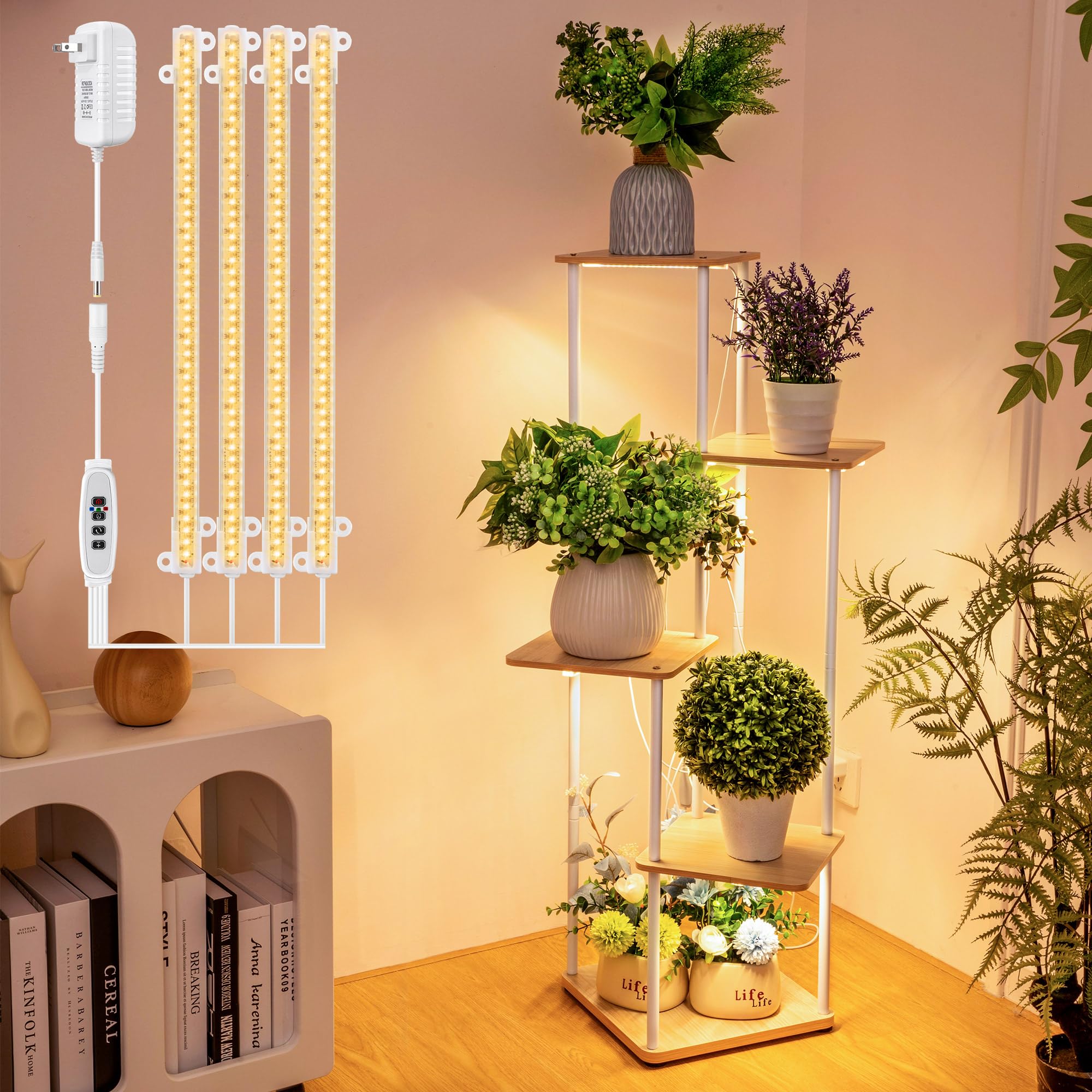 DreyooPlant Stand with Grow Light Indoor, 5 Tier 5 Potted Sturdy Metal Plant Shelf, Multiple Plant Holder Tall Plant Ladder for Display Plant Flower Corner Living Room Office (White, Wood Color)