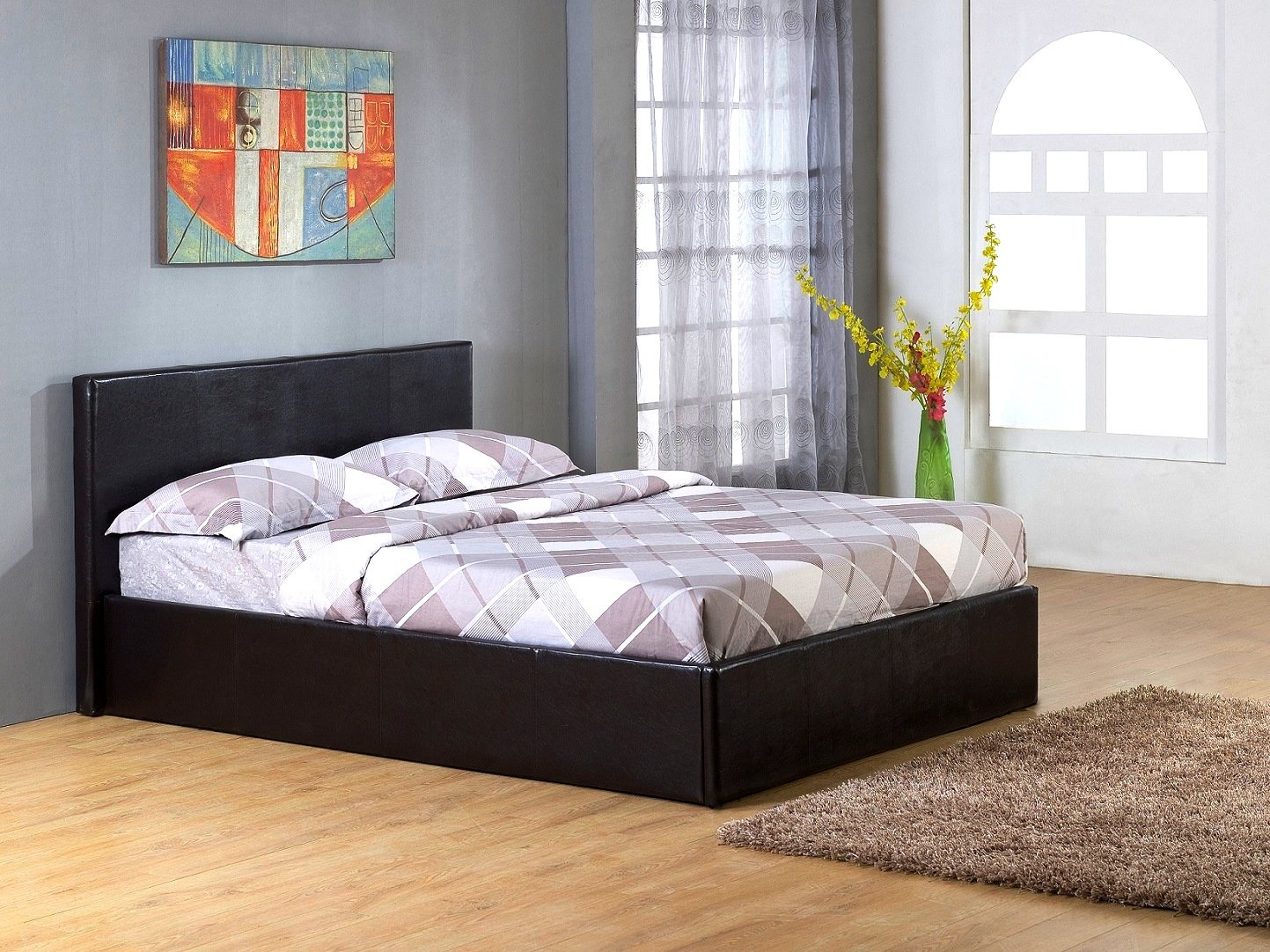 Black 4`Small Double Gas Lift Up Ottoman Faux Leather Storage Bed