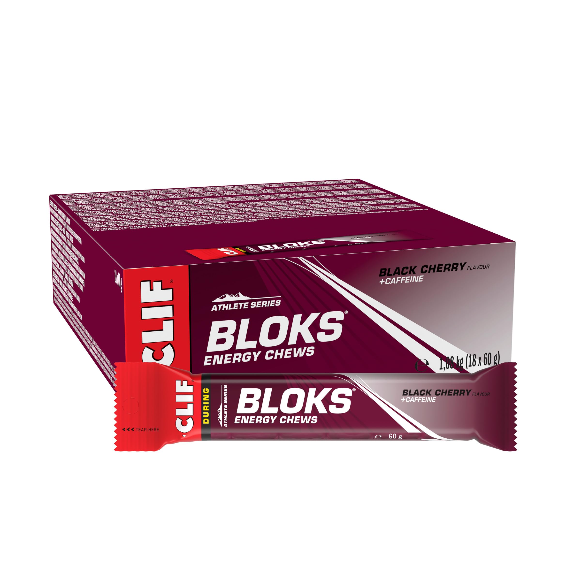 CLIF Bar BLOKS Energy Chews - Black Cherry with Caffeine - Plant Based - Quick Energy for Cycling and Running - Workout Snack - 18 x 60 g