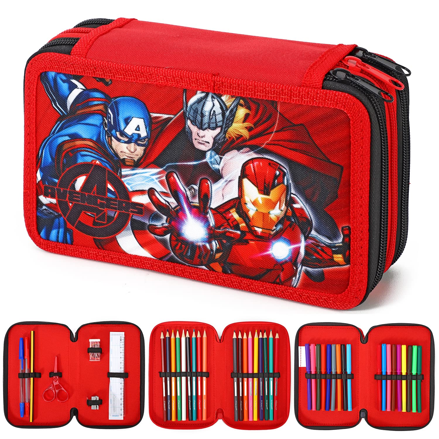 MarvelAvengers 3 Tier Large Pencil Case Multi Compartment School Supplies Stationery Colouring Pens Pencils Sets, Multicolour, Marvel Avengers 3 Tier Large Pencil Case