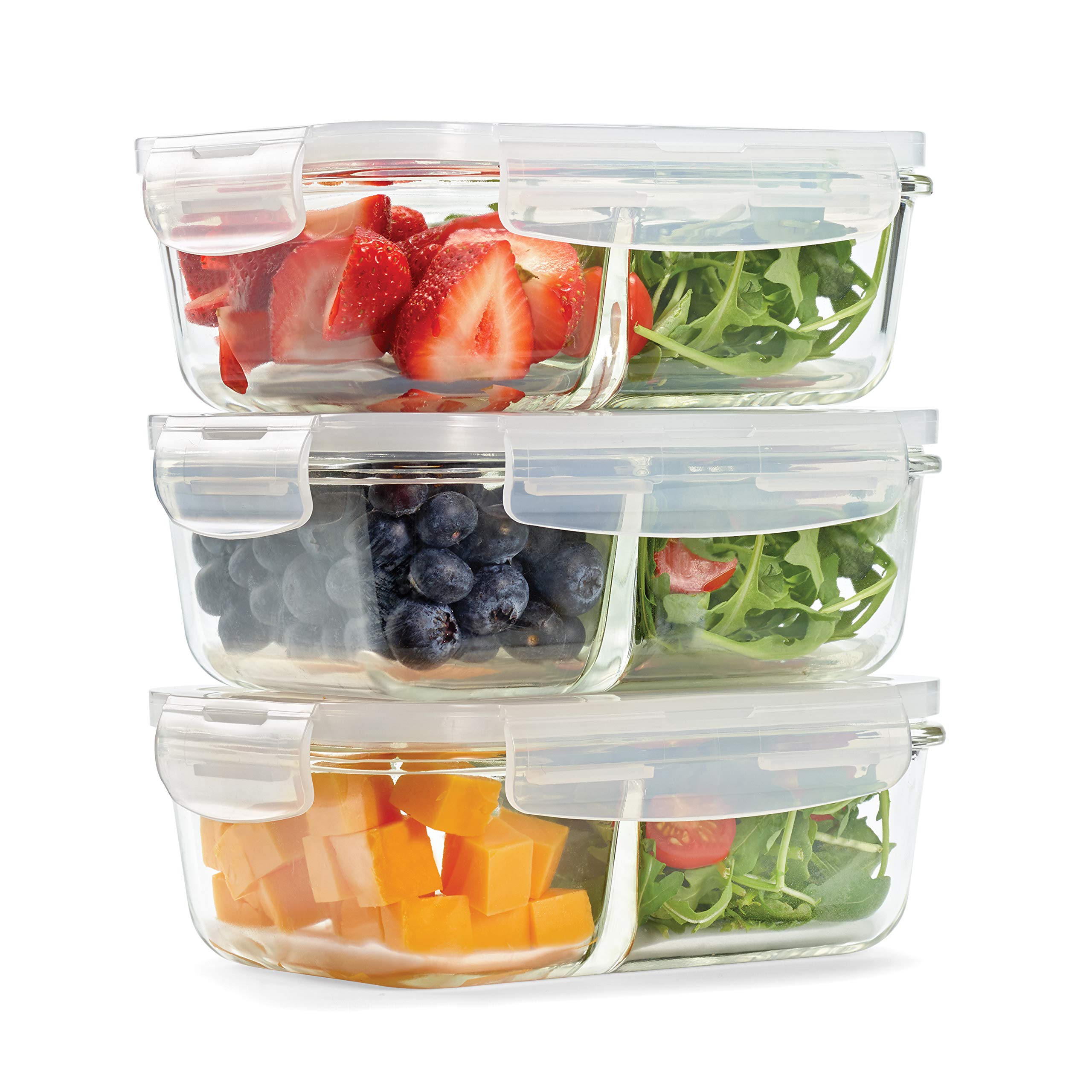 Fit & FreshDivided Glass Containers, Two Compartments, Containers with Locking Lids, Glass Storage, Meal Prep Containers with Airtight Seal 3 Pack 870GFF