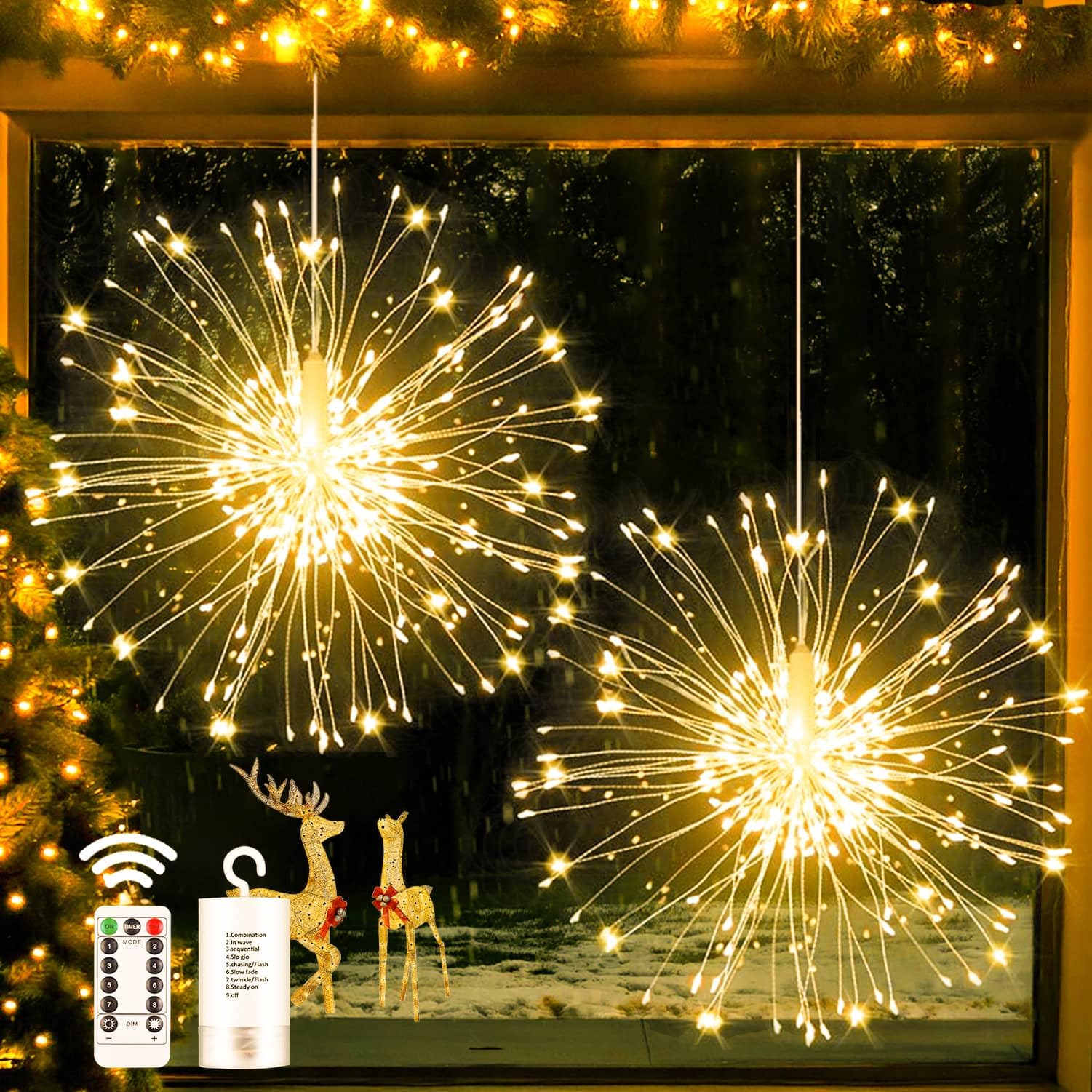 Joycome Fireworks Fairy Lights, Pack of 2, 180 LED Christmas Light, Battery Operated, 8 Modes Fireworks Lights with Remote Control, Waterproof Christmas Decoration Light for Outdoor Indoor Party (Warm