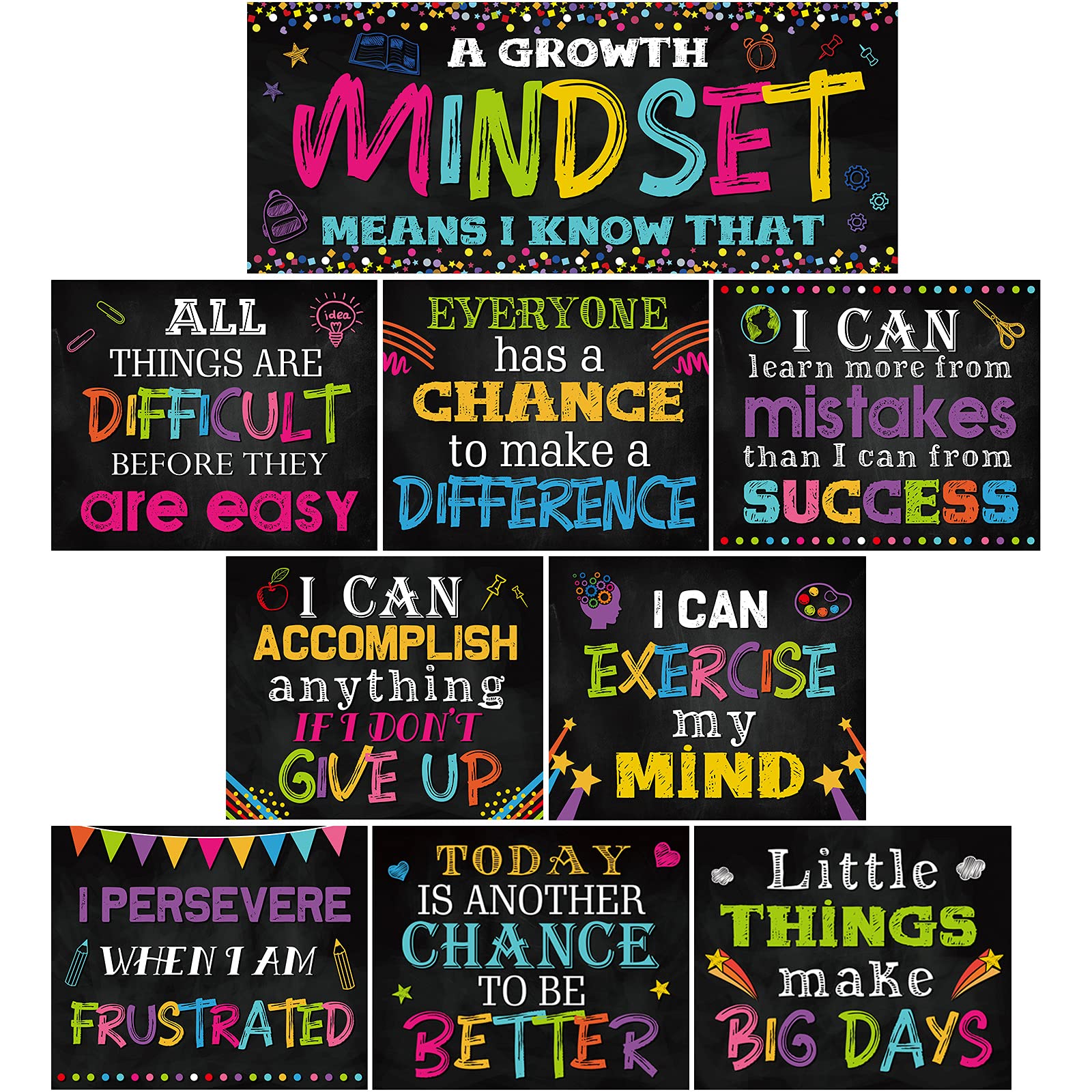 Marspark 9 Pcs Classroom Motivational Posters Growth Mindset Banner Inspirational Bulletin Board Positive Classroom Decoration for School Wall Art, Elementary Middle High School(Black)