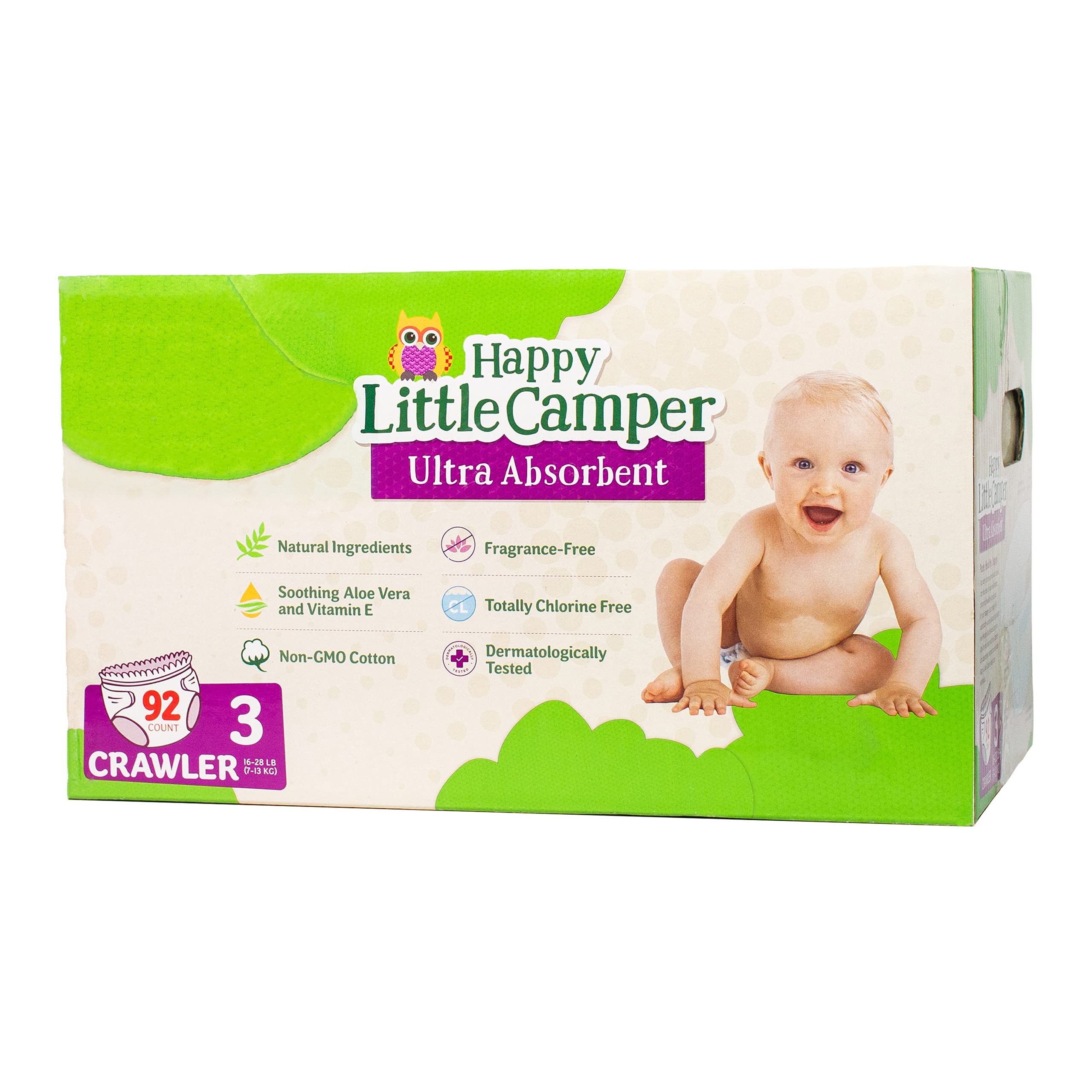 Happy Little Camper Ultra-Absorbent Hypoallergenic Natural Disposable Baby Diapers, Chlorine-Free Protection for Sensitive Skin, Crawler, Size 3, 92 Count