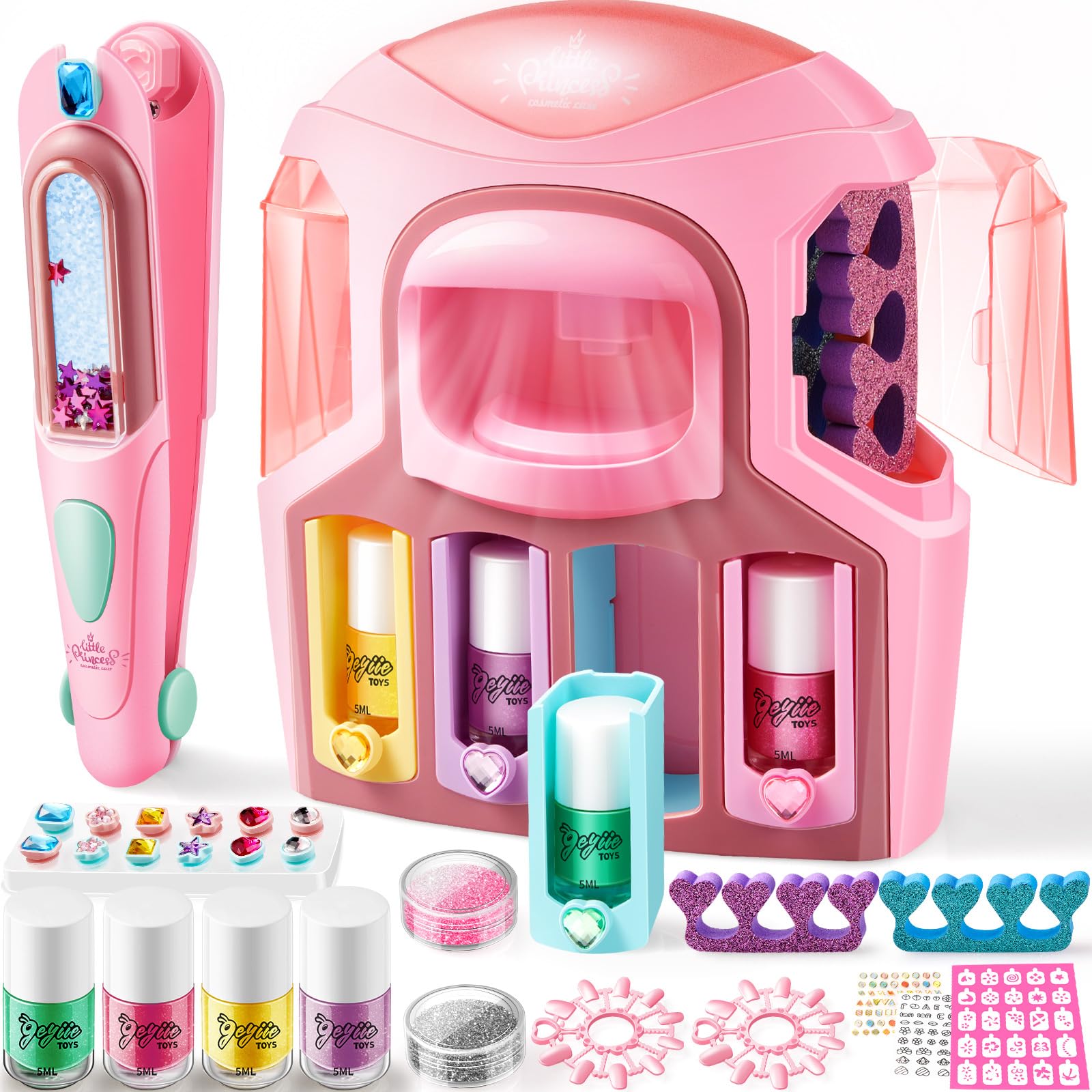 Geyiie Girls Nail Polish Set, Kids Nail Kit with Nail Dryer & Hair Gem Stamper, 47 PCS Non-Toxic DIY Little Girl Make Up Toys with Hair Styling Tools, Vanity Set Toys