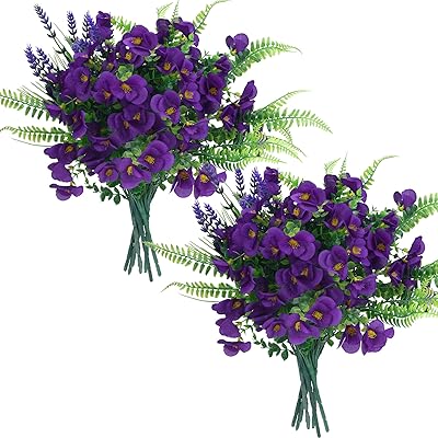 summer flower 2 Pack Fake Flowers Purple Mix Sweatpea Lavender Fern Eucalyptus Arrangement Each 7pcs Artificial Plants for Outdoors Silk Faux Home Vase Planter Porch Patio Kitchen Yard Decorations