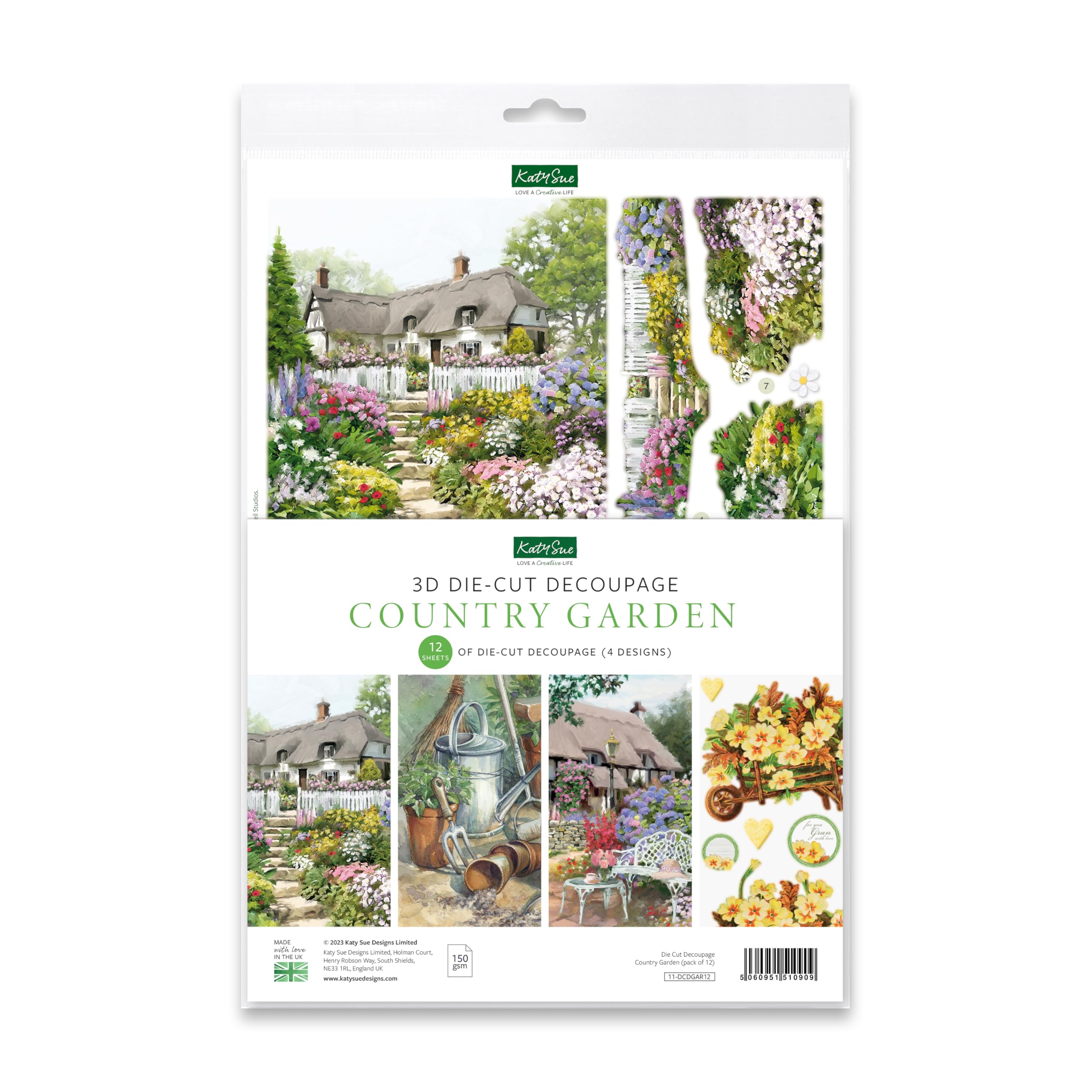 Katy Sue Designs Country Garden 3D Die-Cut Decoupage Sheets for Card Making. A Pack of 12 Sheets of Country Cottage, Gardening, and Floral-Themed Die Cuts for Card Making Supplies