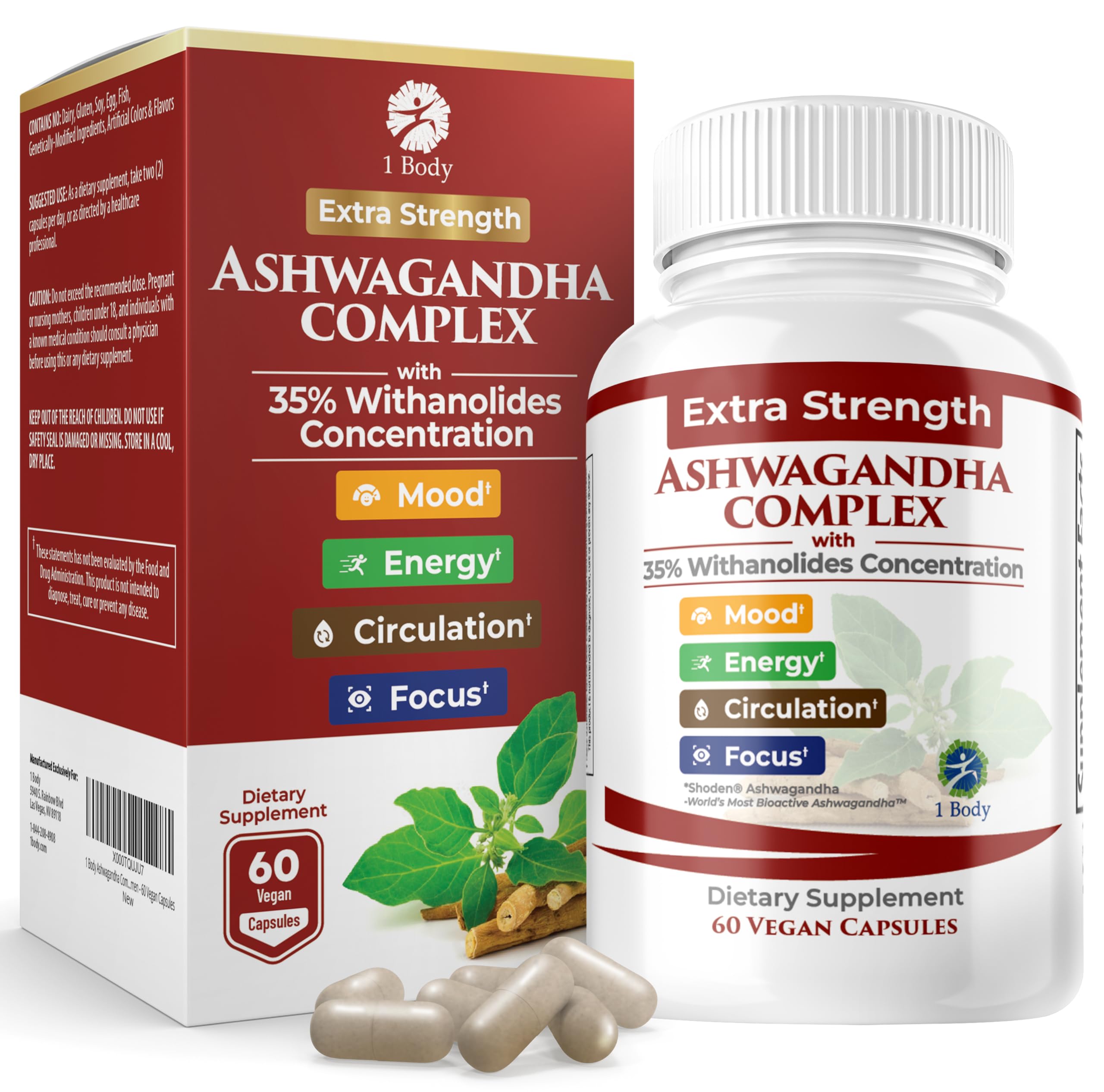 1 Body Ashwagandha Complex with Shoden® – Clinically Supported Stress Relief, Sleep, and Energy Support – Vegan, Non-GMO Ashwagandha Supplements – 60 Ashwagandha Capsules