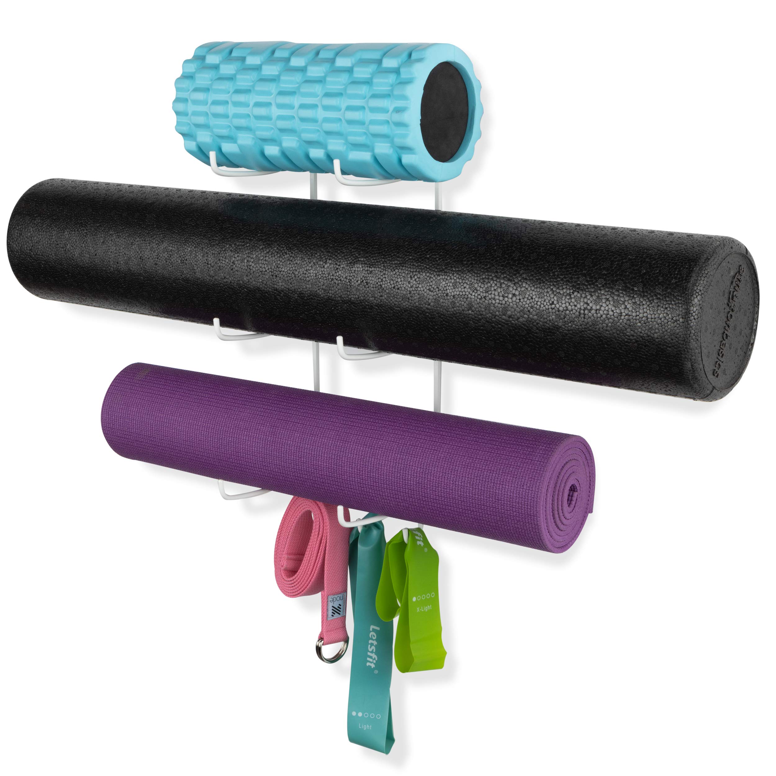 Wallniture Guru Wall Mount Yoga Mat Foam Roller and Towel Rack with 3 Hooks for Hanging Yoga Strap and Resistance Bands, 3-Sectional Metal