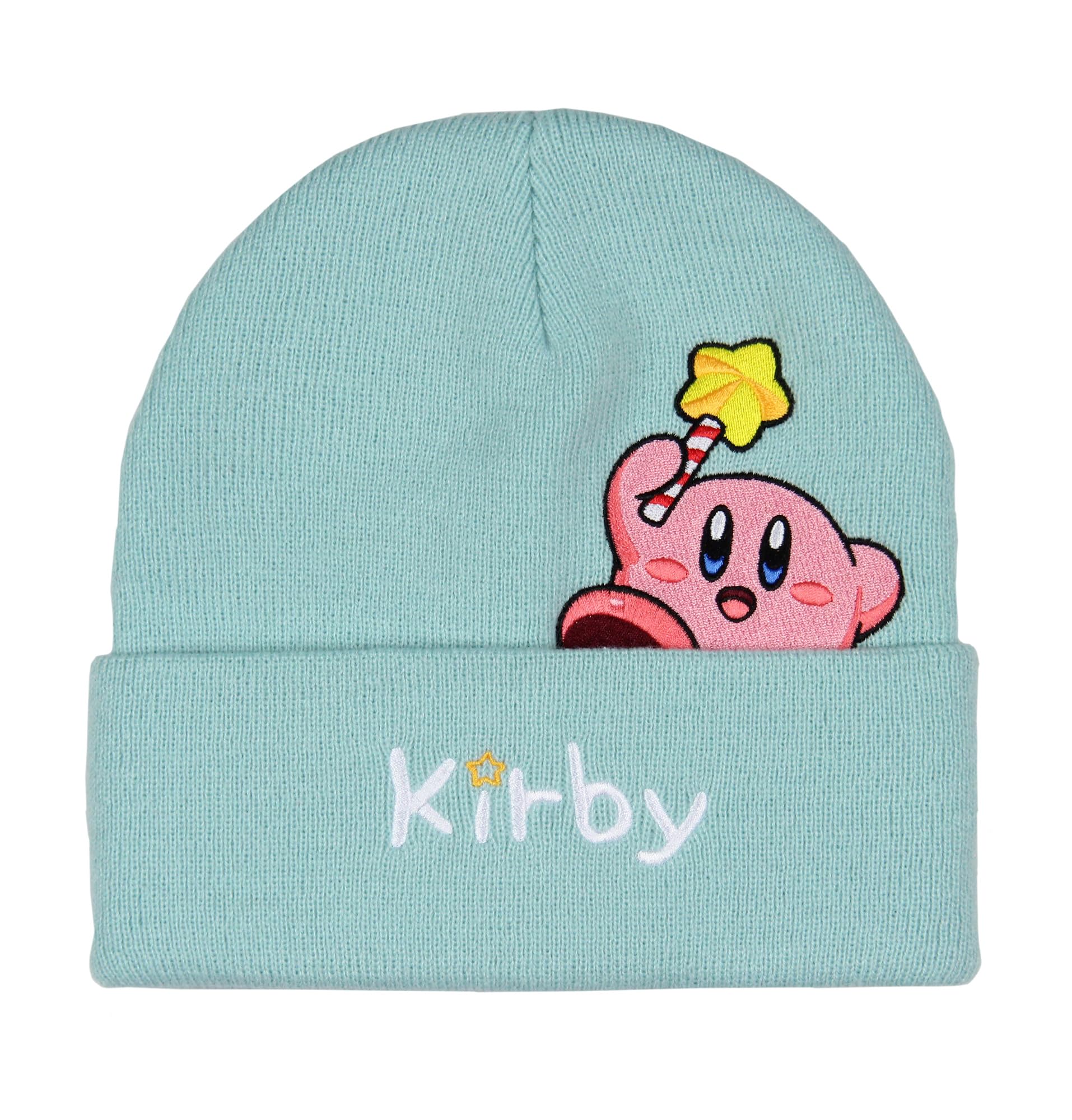 Nintendo Kirby Peek A Boo Embroidered Character Cuff Knit Beanie Hat Cap Turquoise