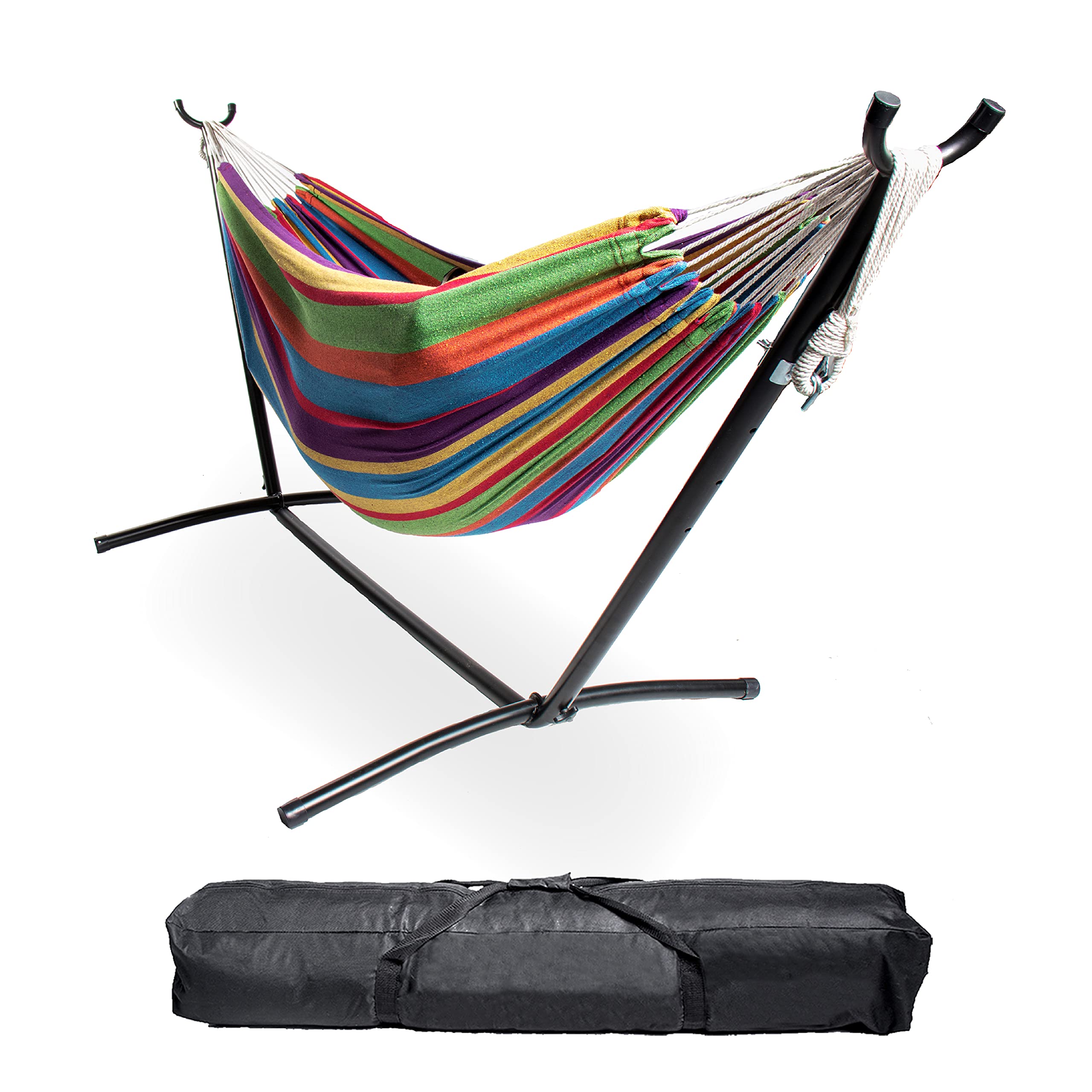 BACKYARD EXPRESSIONS PATIO · HOME · GARDEN 914922 Two Person Hammock with Stand + Bonus Complete Relaxation Audio Track, 106" L x 47" W x 43" H, Caribbean Rainbow