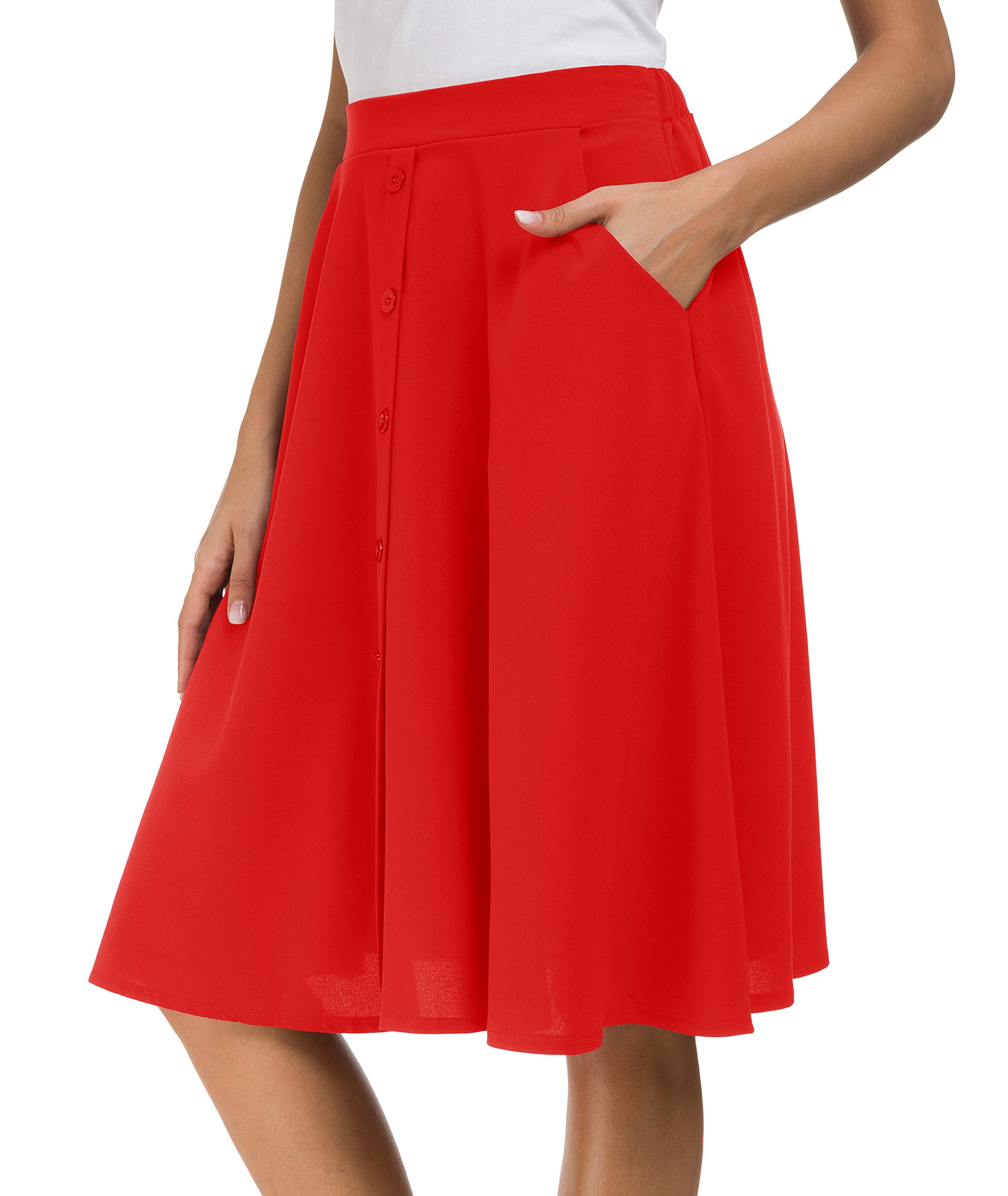 Sinono Womens Casual Pleated High Waisted A Line Midi Button Front Skirts with Pockets