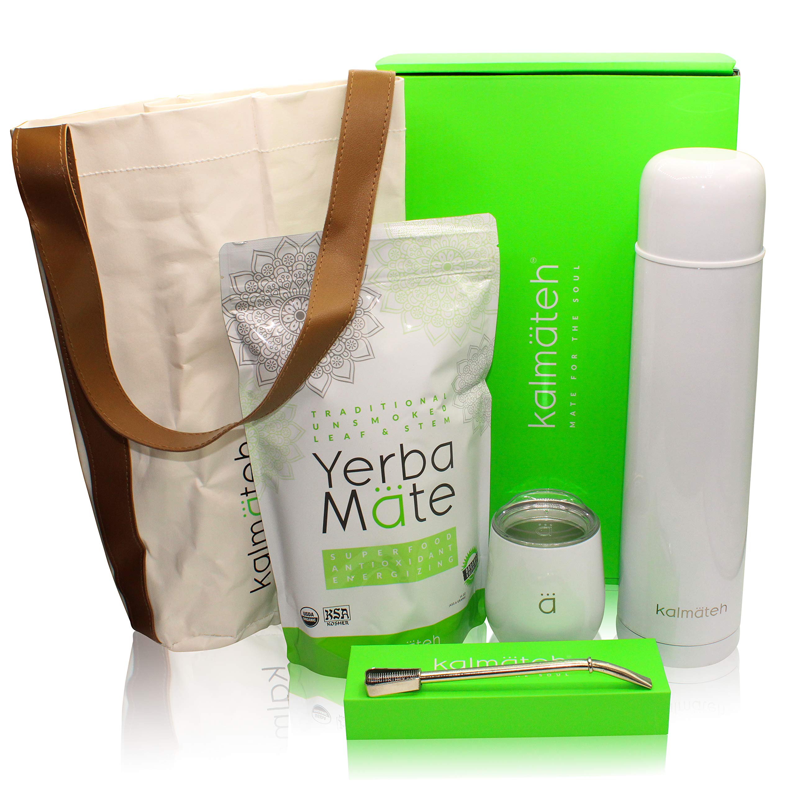 Kalmateh Yerba Mate Set – Mate Gourd with Lid, Alpaca Bombilla, Thermos and Organic & Kosher Yerba Mate (White, 1000ml)