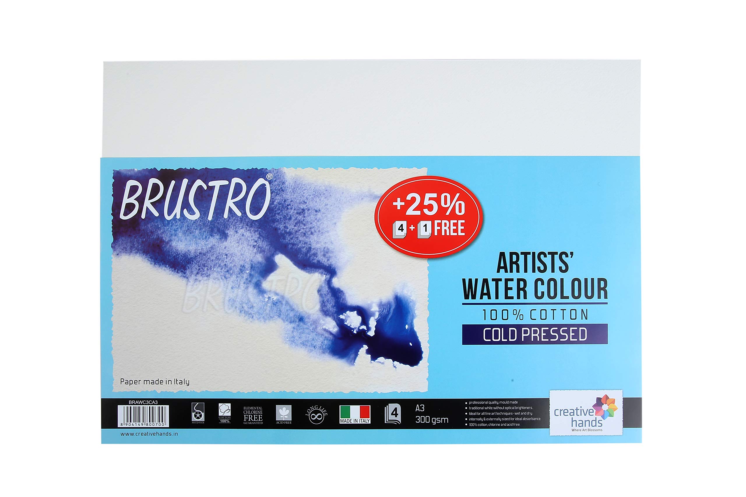 BRUSTRO100% Cotton Artists Watercolour Paper 300 GSM Cold Pressed A3 (Pack of 4 + 1)