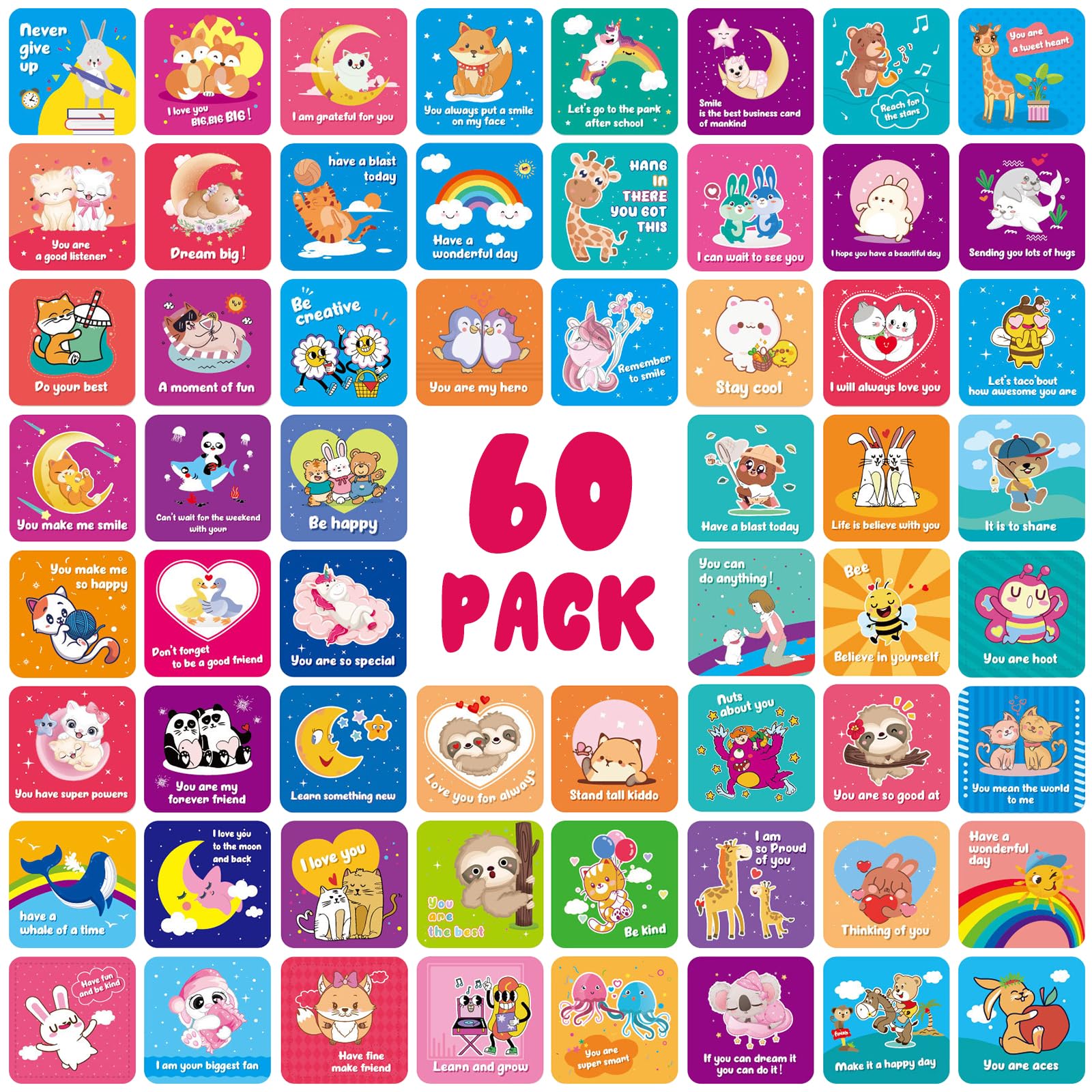 Leikedun 60 Pack Lunch Box Notes for Kids Motivational Lunchbox Notes Affirmations Inspirational Cute School Lunch Cards for Boys Girls Back to School Supplies Gifts Lunchbox Essentials (3.5x3.5 in)