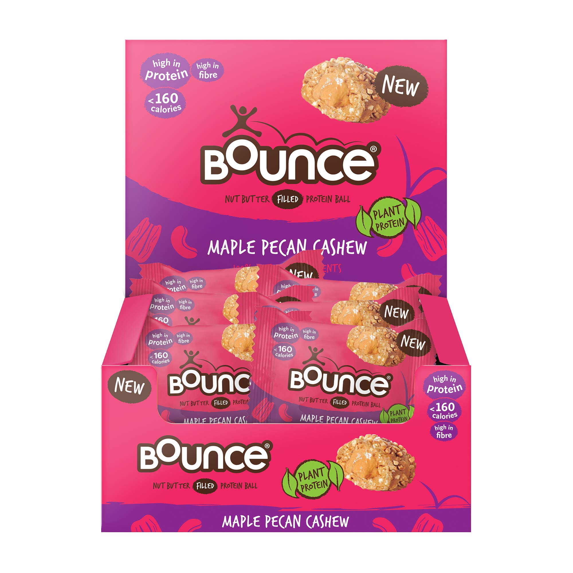 Bounce Plant Protein Maple Pecan & Cashew Balls, Filled With A Nut Butter Centre, 12 x 35g Individual Vegan Protein Balls