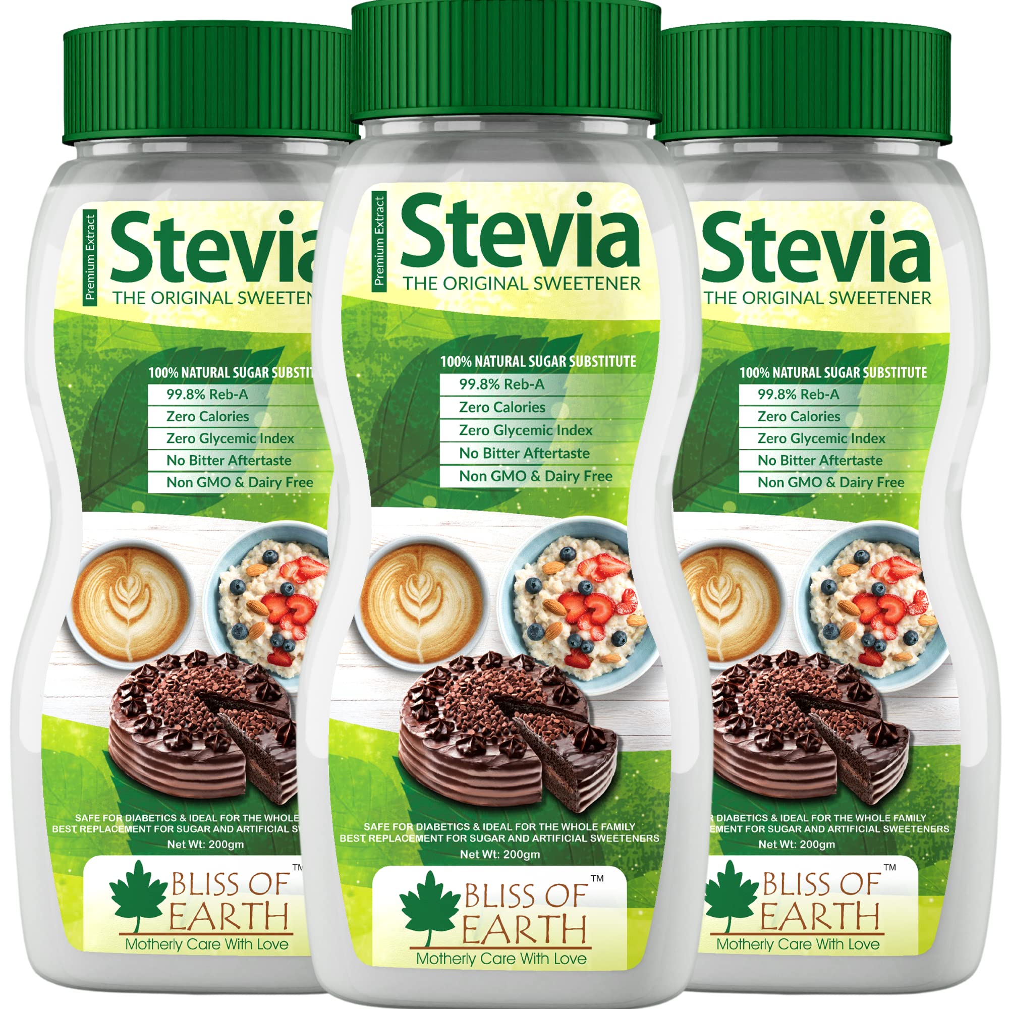 Bliss of Earth Stevia Powder, Organic Sugar Free Zero Calorie Sweetener Diabetic and Keto Friendly 99.8% Purity Vegetarian Gluten Free Quick Dissolve 200g Jar Pack of 3