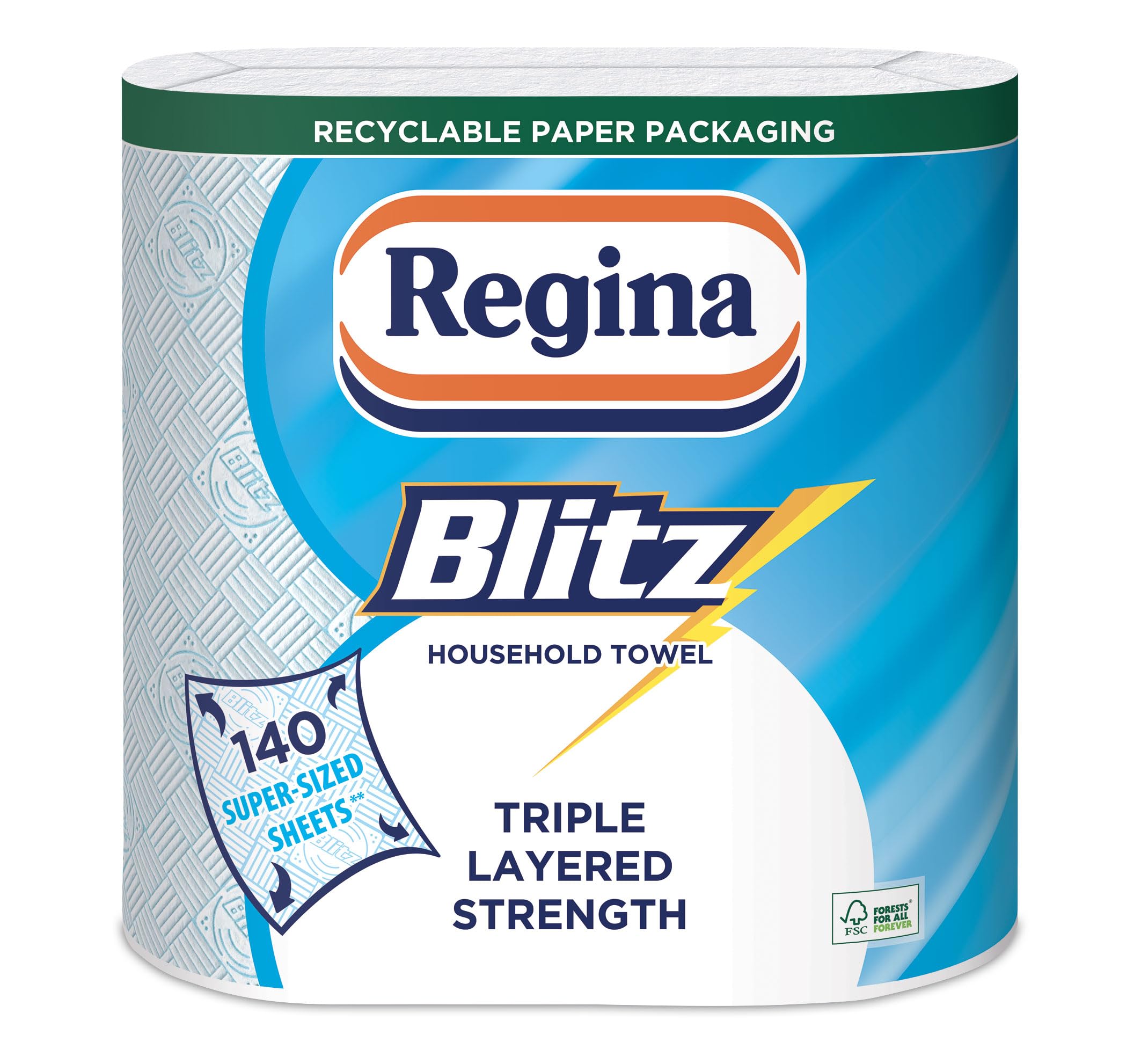 Regina Blitz Household Towels – 2 Rolls Per Pack, 3-ply Kitchen Roll, 70 Sheets Per Roll, Paper Packaging, FSC Certified Paper, Recyclable Packaginag, 60% Larger Than Standard Kitchen Roll Sheets