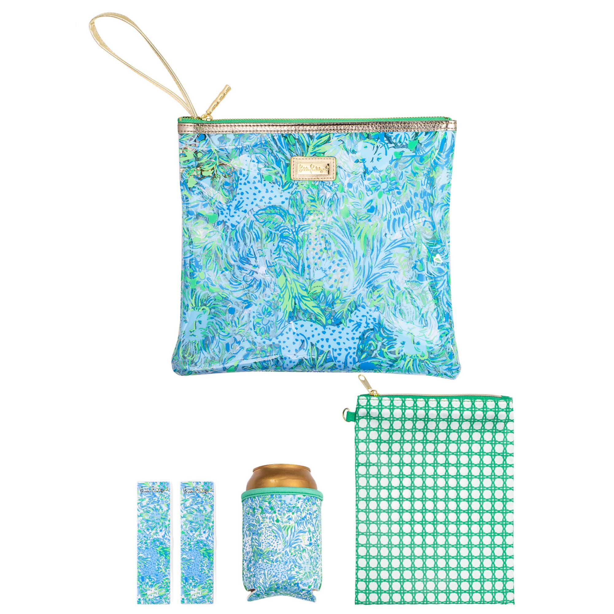 Lilly PulitzerWater Resistant Vinyl Beach Day Pouch, Zipper Bag Includes Drink Hugger, Small Pouch, and Towel Clips