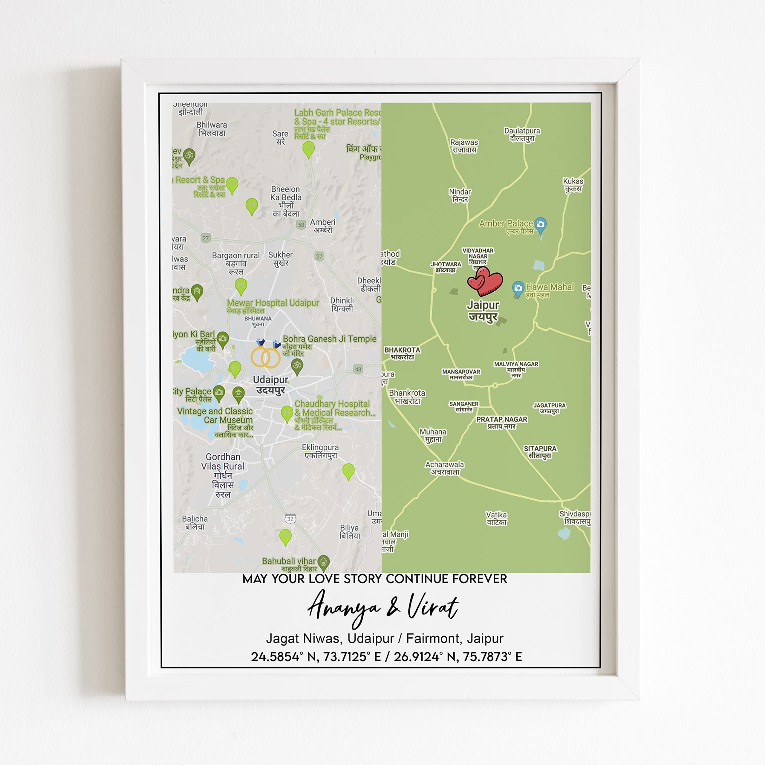 CADORE GIFTS-Birthday Gifts for Best Friend, Long Distance Relationship Gifts, Marriage Gifts for Couples, 2 Location Memory Map, Custom City Map, Gift for Her (11x14 inches, White Frame)