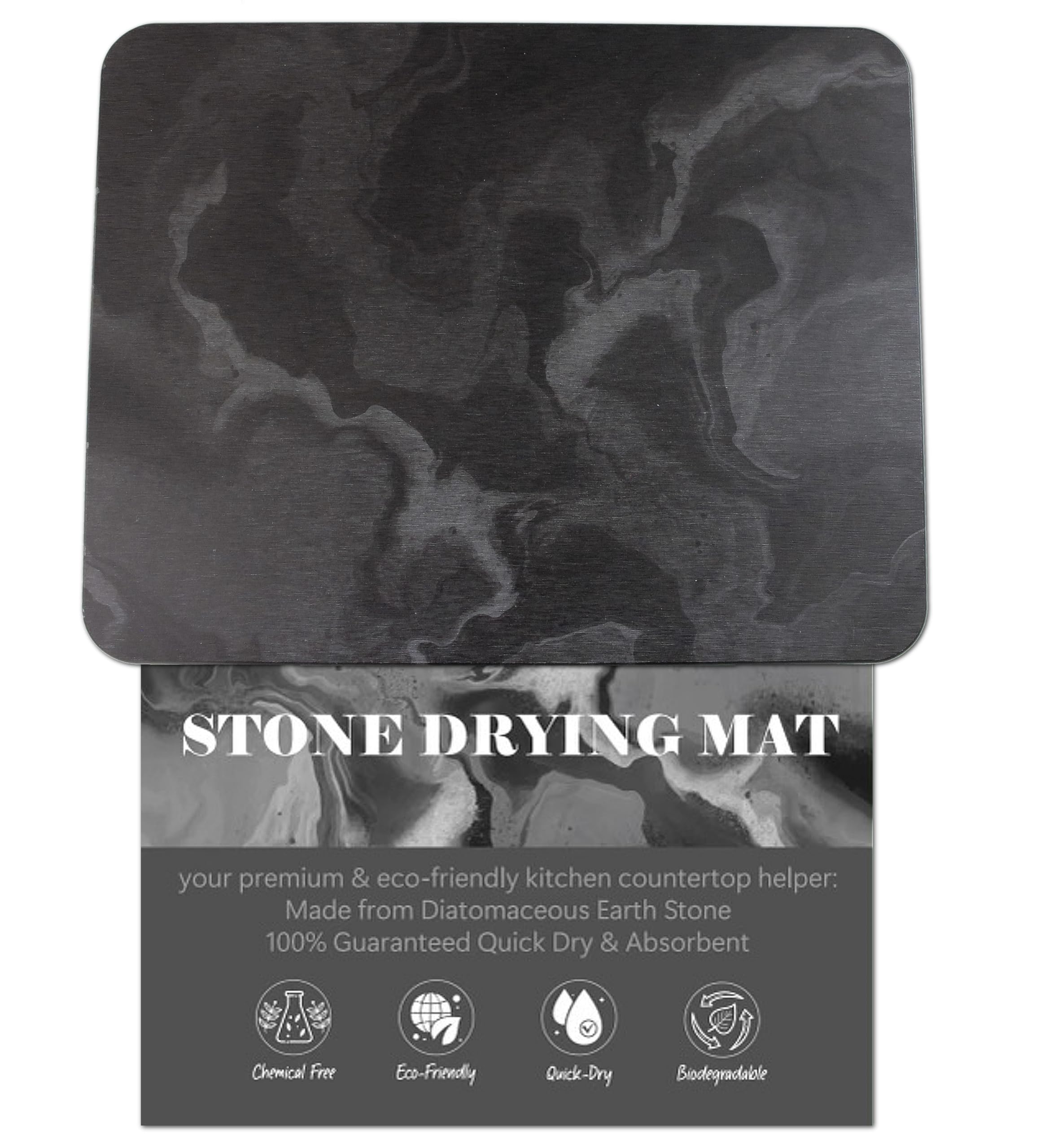 Large Stone Drying Mat for Kitchen Counter, Water Absorbing Stone, Quick Dry Stone Mat Kitchen, Diatomaceous Earth Dish Drying Mat (17.7 x 13.8 Inch Black Marble Drying Mat)