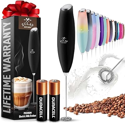 Zulay Kitchen Duracell Powered Milk Frother Wand Drink Mixer - Durable, Proprietary Z Motor Max - Handheld Frother Electric Whisk, Milk Foamer, Mini Blender and Electric Mixer Coffee Frother - Black