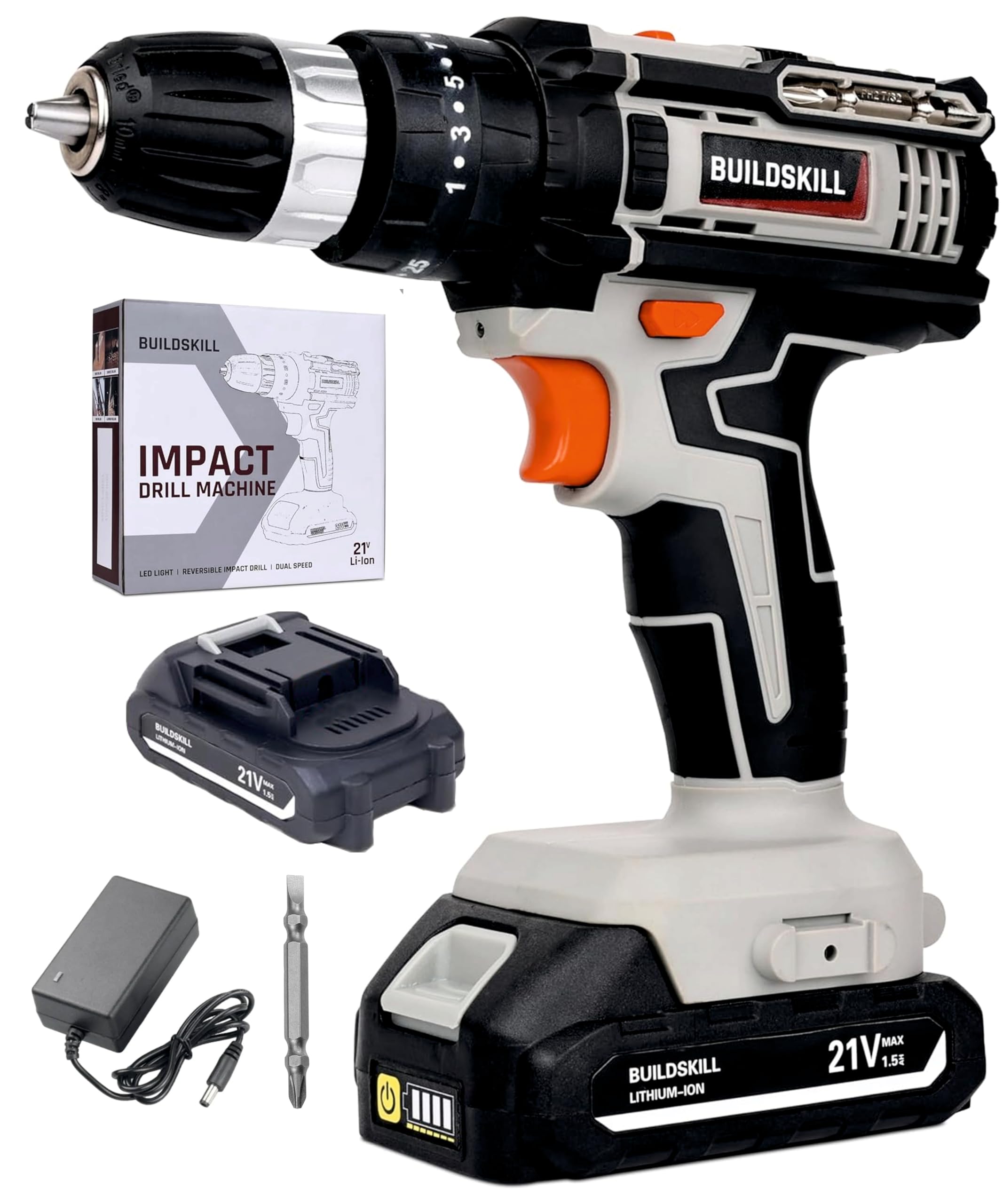 BUILDSKILL 21V Cordless Drill Machine for Home Use | 10MM Keyless Chuck | 1x1.5 Ah Battery | Charger | Impact Drill | Variable Speed | LED Light | Battery Drill Machine | 6 Months Warranty