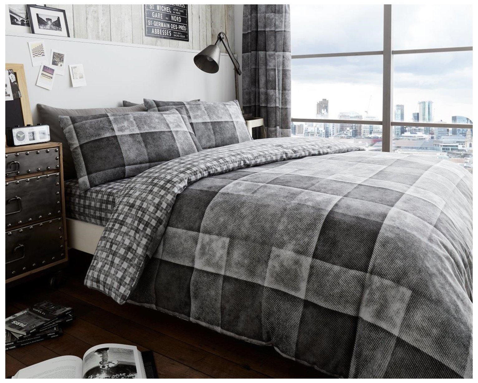 GC GAVENO CAVAILIA Checked Duvet Cover Double (200cm x 200cm) - Quilt Bedding Set Double Bed with 2 Pillow Cases - Grey