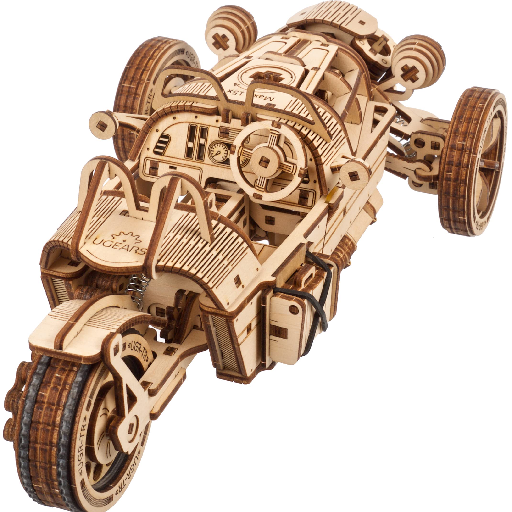 UGEARS UGR-S Three-Wheeled Wooden Model for Building Motorcycle – 3D Mechanical Wooden Puzzle – Model Car with Functional Steering and Motor – DIY for Puzzle Fans