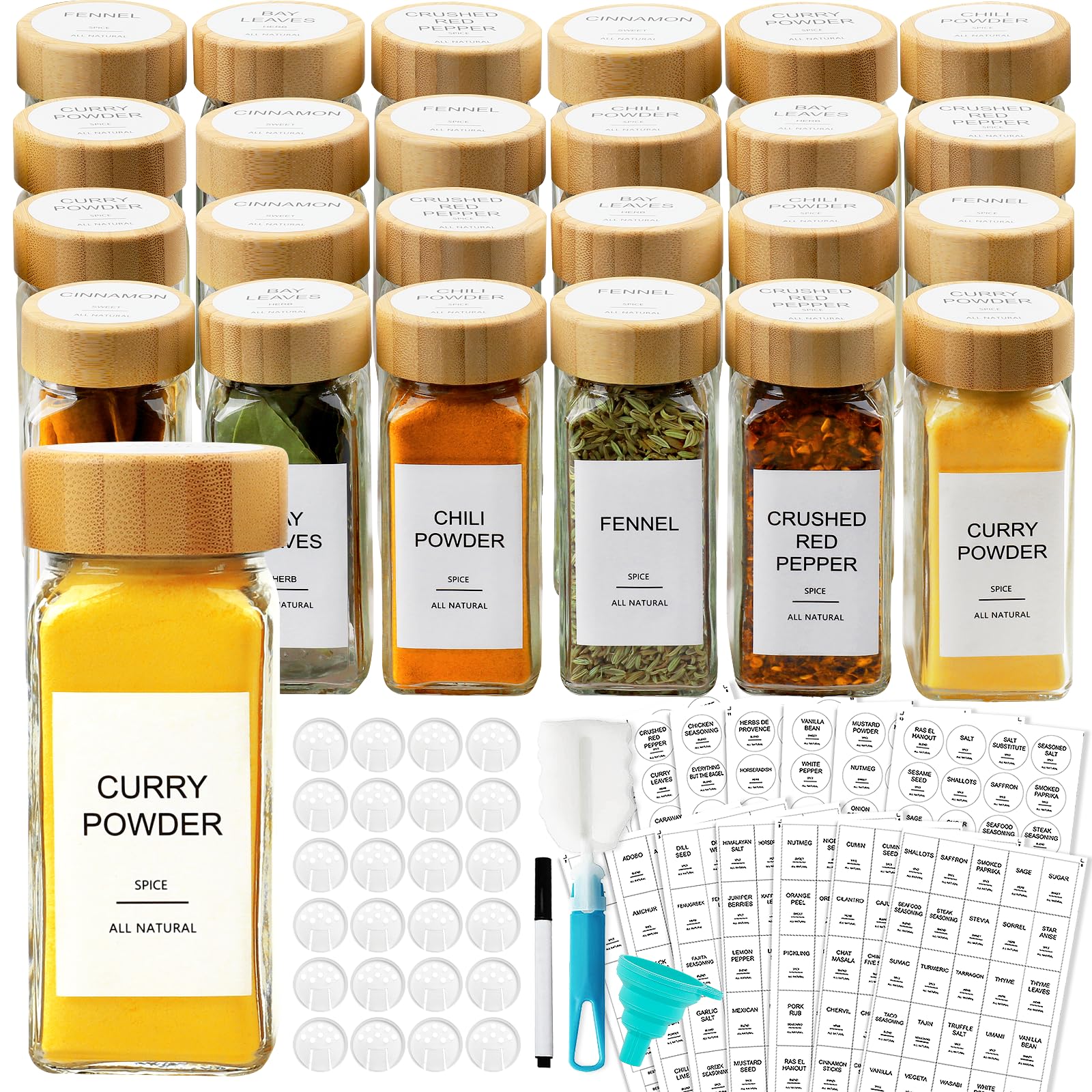 AISIPRIN Glass Spice Jars with Bamboo Lids | Square Spice Jar with Labels | Spice Bottles With Shaker Lids | Spice Containers | for Cabinet,Drawer,Spice Rack | Seasoning Organizer (Pack of 24)