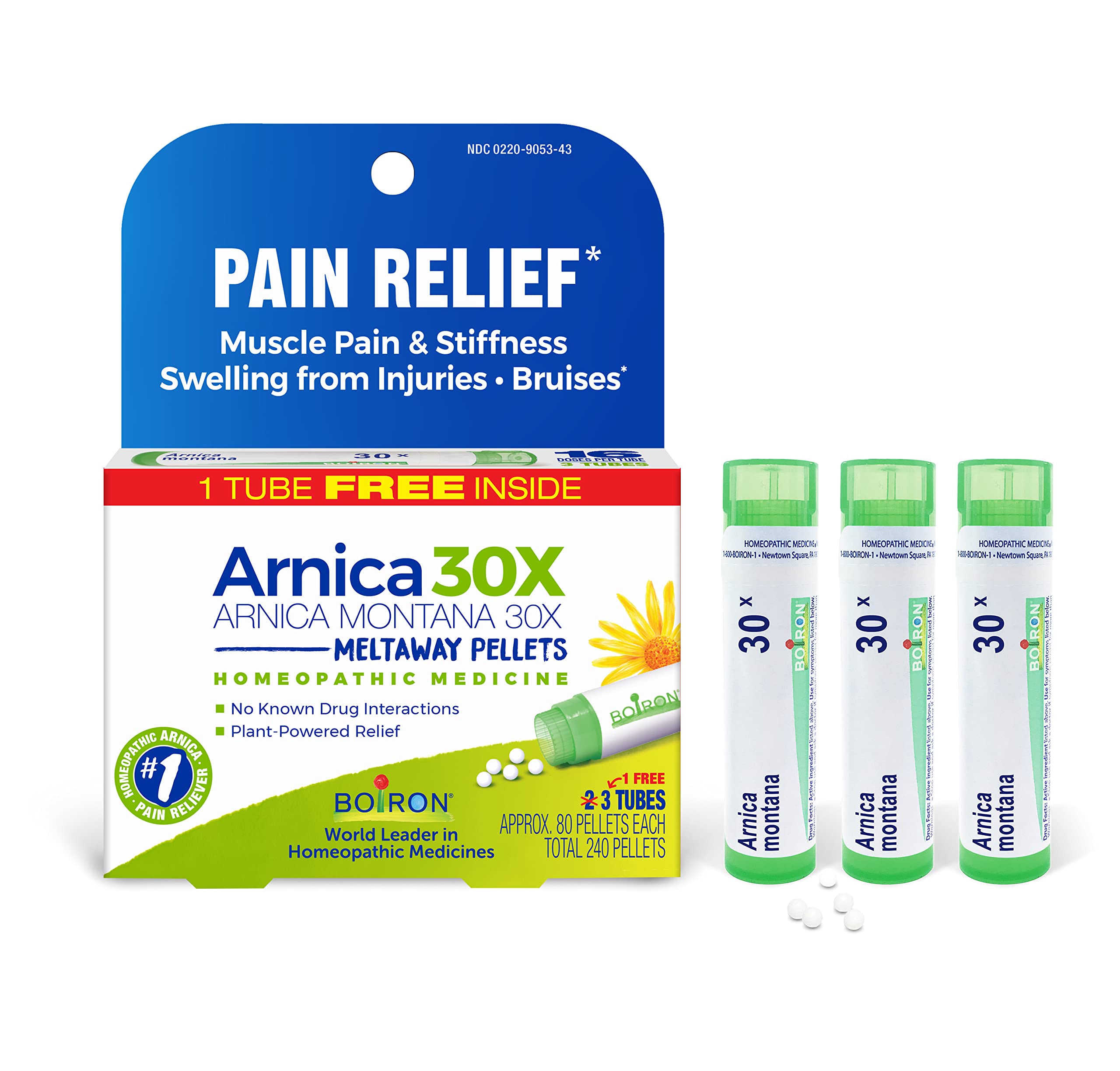 Boiron Arnica Montana 30X Homeopathic Medicine for Relief from Muscle Pain, Muscle Stiffness, Swelling from Injury, and Discoloration from Bruises - 3 Count (240 Pellets)