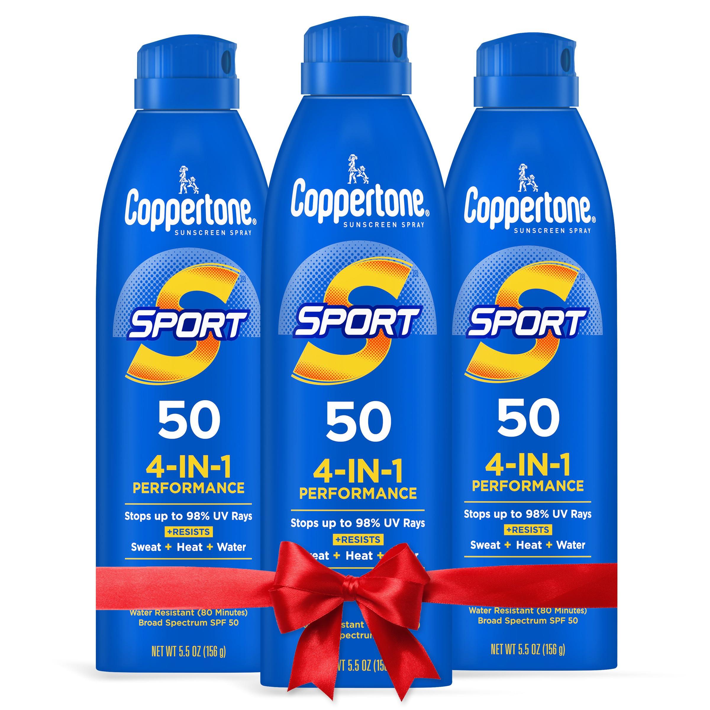 Coppertone Sport SPF 50 Sunscreen Spray, Body Sunscreen, Water Resistant Spray Sunscreen, Bulk Sunscreen, 5.5 Oz, Pack of 3 (Packaging May Vary)