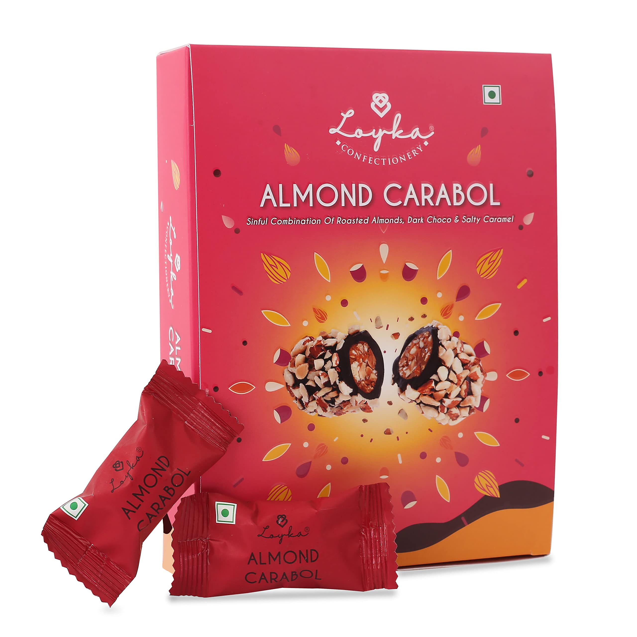 Loyka Almond Carabol - 14 pcs | Premium Chocolate Gift Hamper | Choco & Nut Dryfruit Delicacy | Roasted California Almonds (45%), Dark Choco & Salted Caramel | Any-time snack