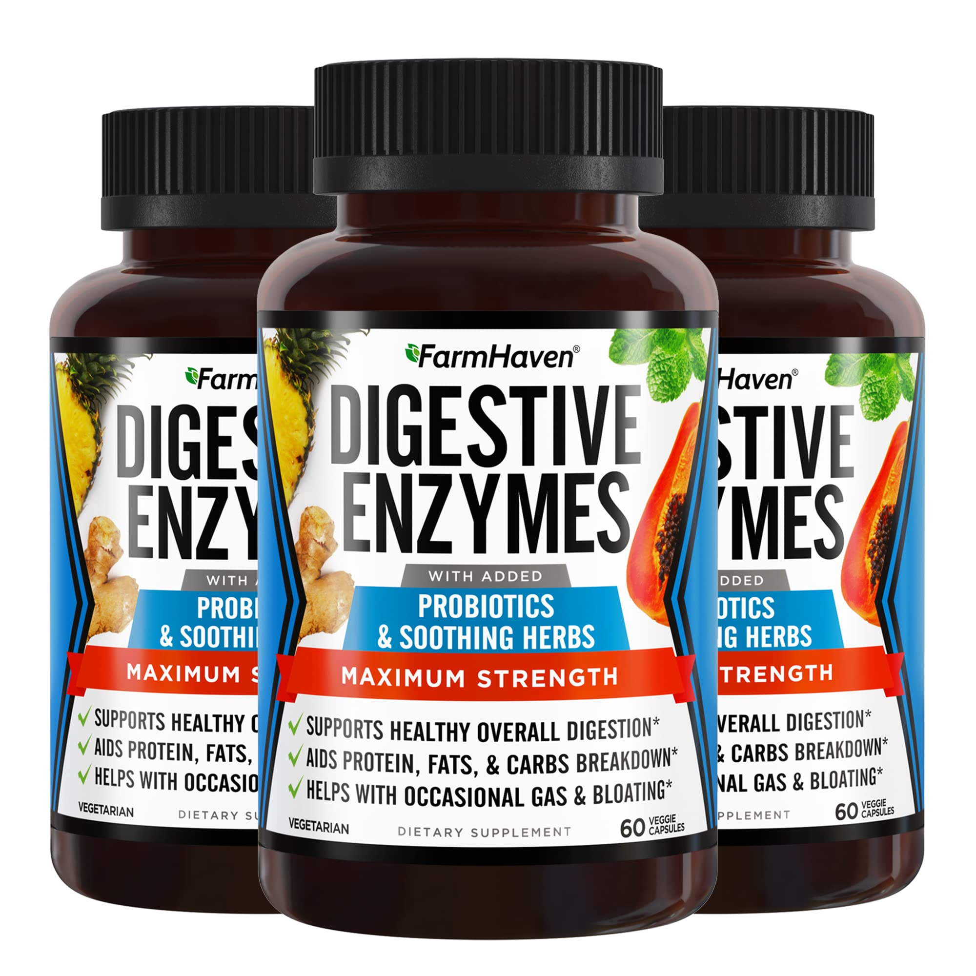 FarmHavenDigestive Enzymes with 18 Probiotics & Herbs | Papaya, Bromelain, Protease & More for Lactose Absorption & Better Digestion | Helps Bloating, Gas, Constipation | Vegetarian, 180 Capsules