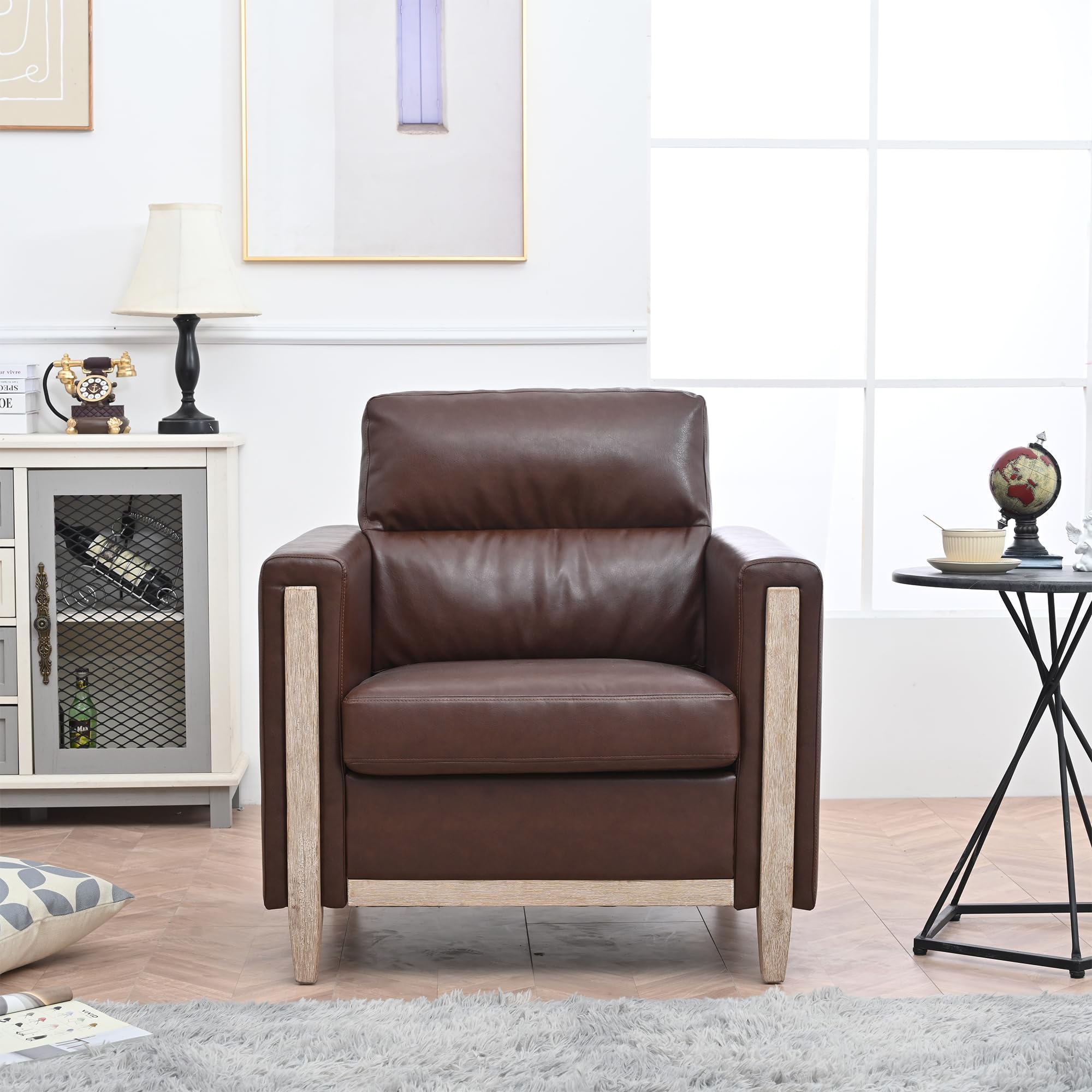 1 Seater Sofa Chair Acent Chair with Thick Cushions and Rubber Wood Legs, PU Upholstered Arm Sofa Chair Club Chair for Living Room, Bedroom, Small Space (Brown)