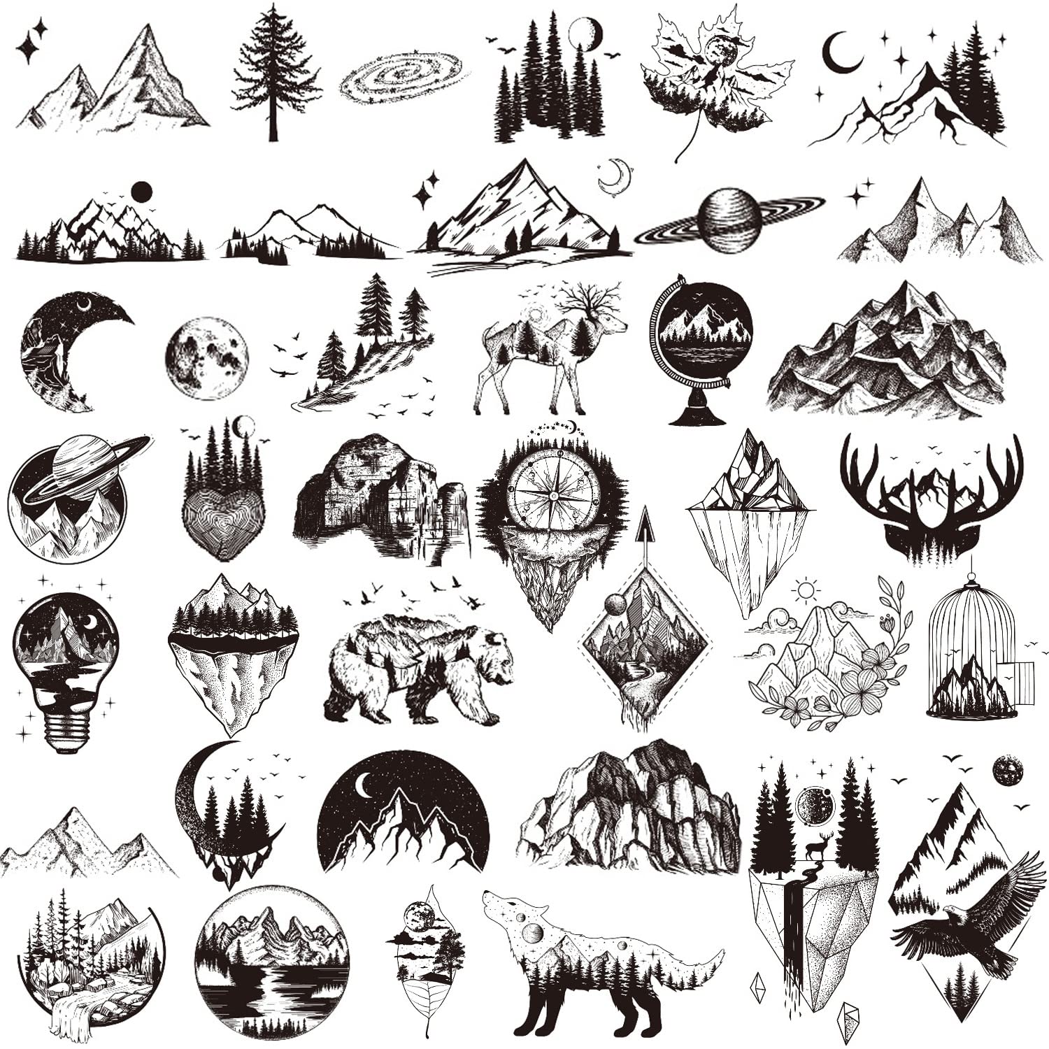 Ooopsiun 30 Sheets Small Black Mountain Planet Temporary Tattoos for Men Women - Unique Realistic Waterproof Forest Triangle Designs Body Art Tattoos for Adults