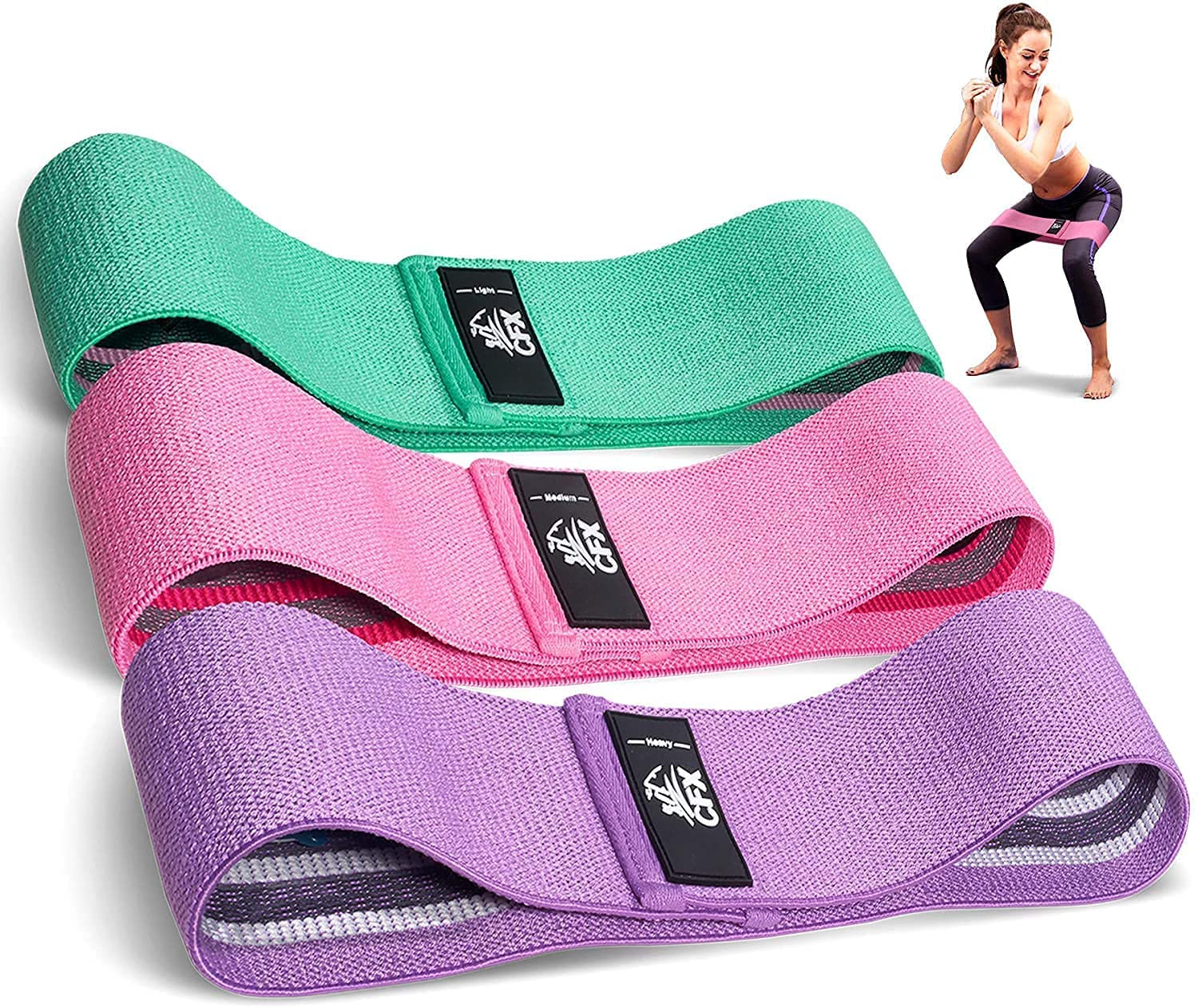 CFX Resistance Bands Set, Exercise Bands with Non-Slip Design for HIPS & Glutes, 3 Levels Workout Bands for Women and Men, Booty Bands for Home Fitness, Yoga, Pilates