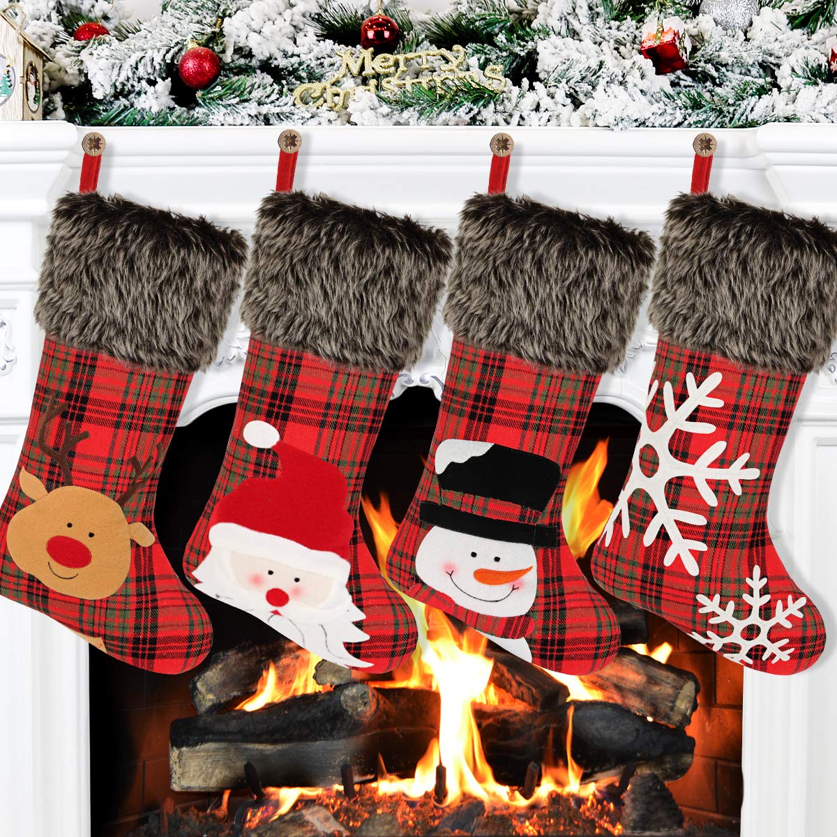 Aitbay4 Pack Plaid Christmas Stockings Set with Snowflake Plush Santa Snowman Reindeer Christmas Decorations Stockings for Xmas Holiday Party Decor