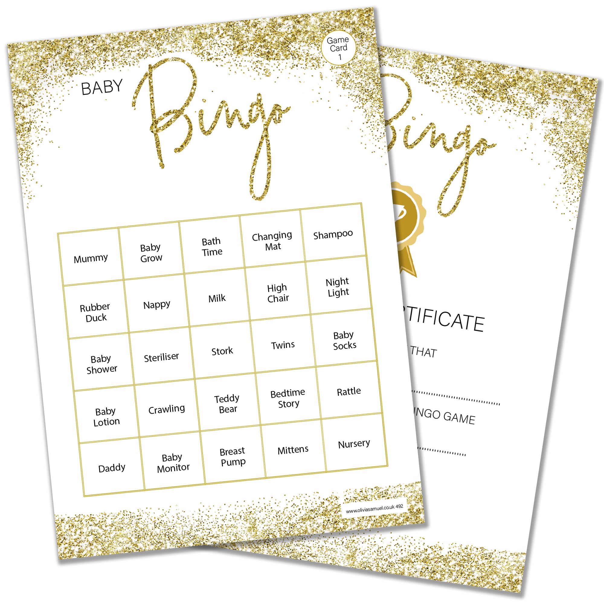 Olivia Samuel Bingo Baby Shower Game for up to 26 Players from Gold Sparkle Design with Winner Certificate – Unisex – Made in the UK