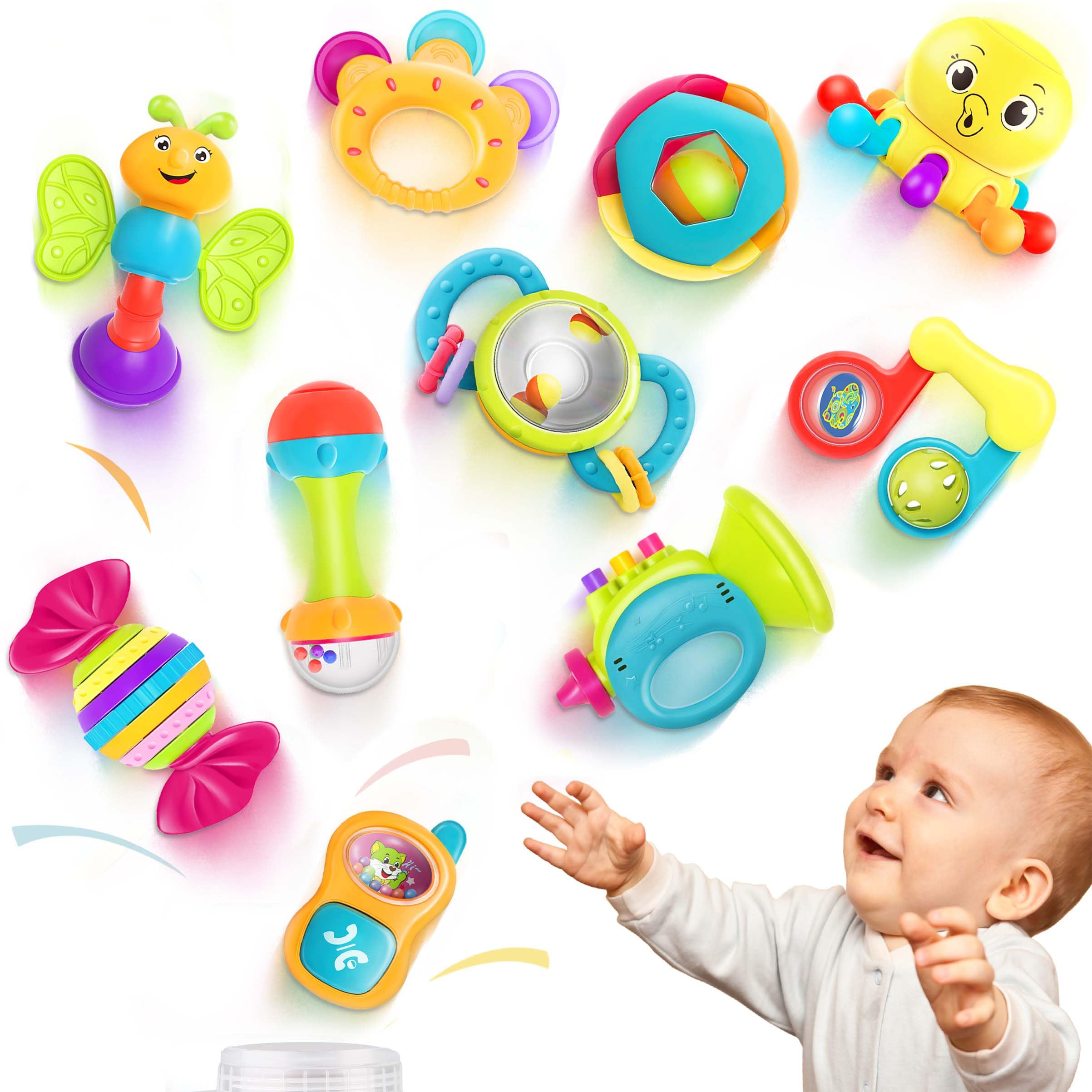 iPlay, iLearn 10pcs Baby Rattles Toys Set, Infant Grab Shake Rattle, Sensory Teether, Babies Development Learning Music Toy, Newborn First Stocking Stuffer Gifts 0 1 2 3 4 5 6 7 9 10 12 Month Boy Girl