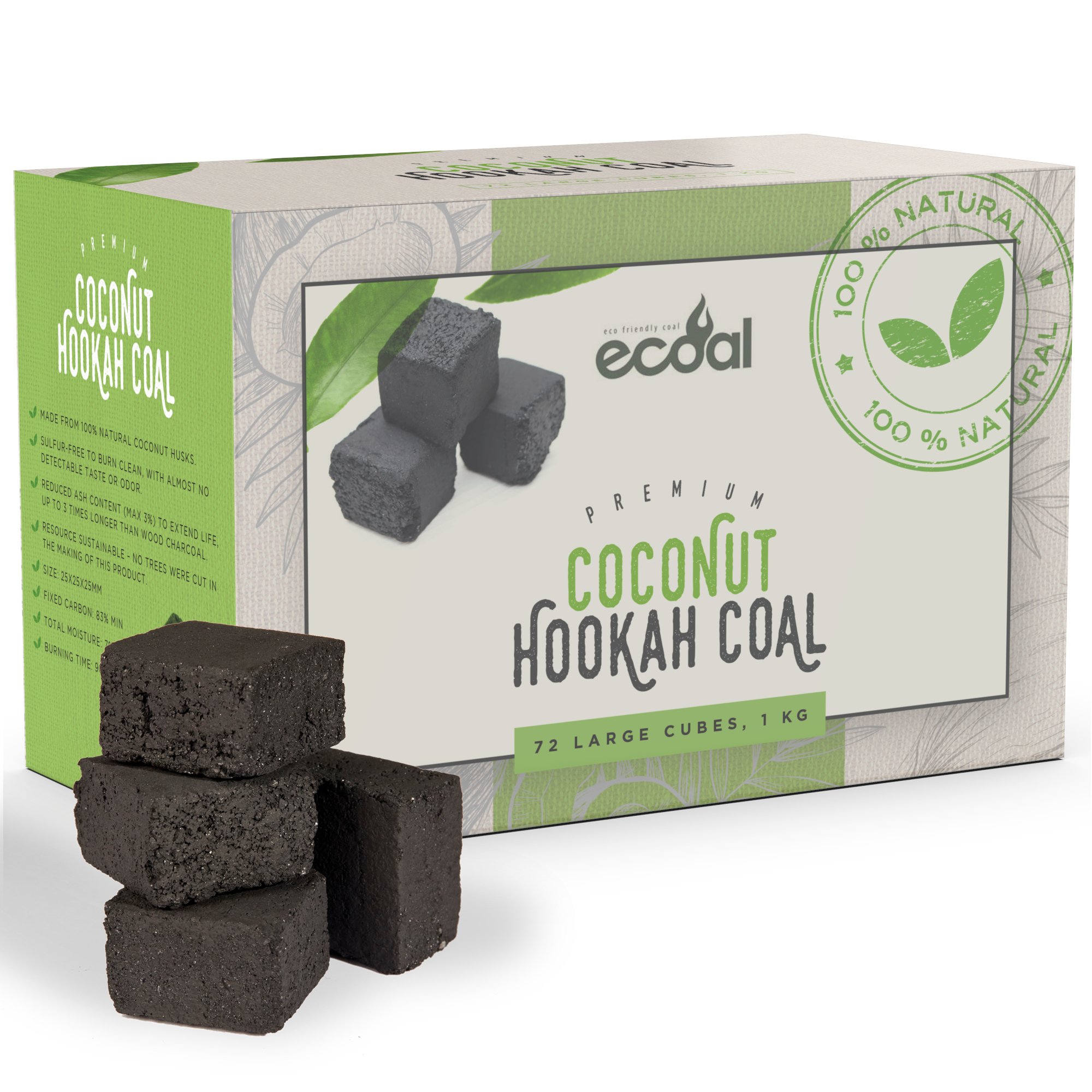 Premium Coconut Shisha Hookah Coal –1KG Large Charcoal Cube Briquettes - Less Ash, Longer Lasting, Clean Burning - Sulfur, Odor and Taste Free - by eCoal