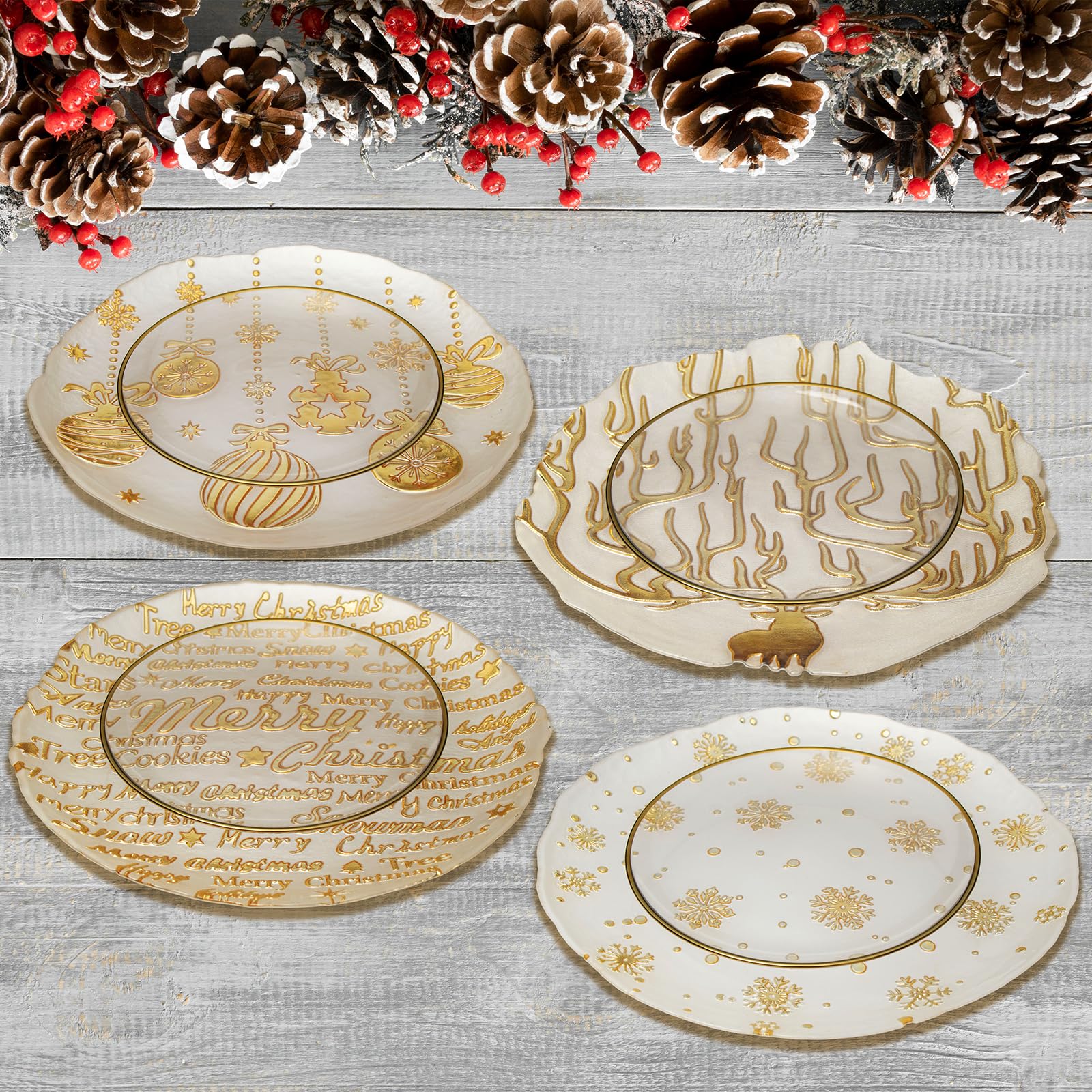 JEKOSEN2023 Christmas Glass Charger Plate Set of 4 Patterns 13" Dinner Plate With Christmas Element-Perfect for Christmas Party Decorations 4 Pack White