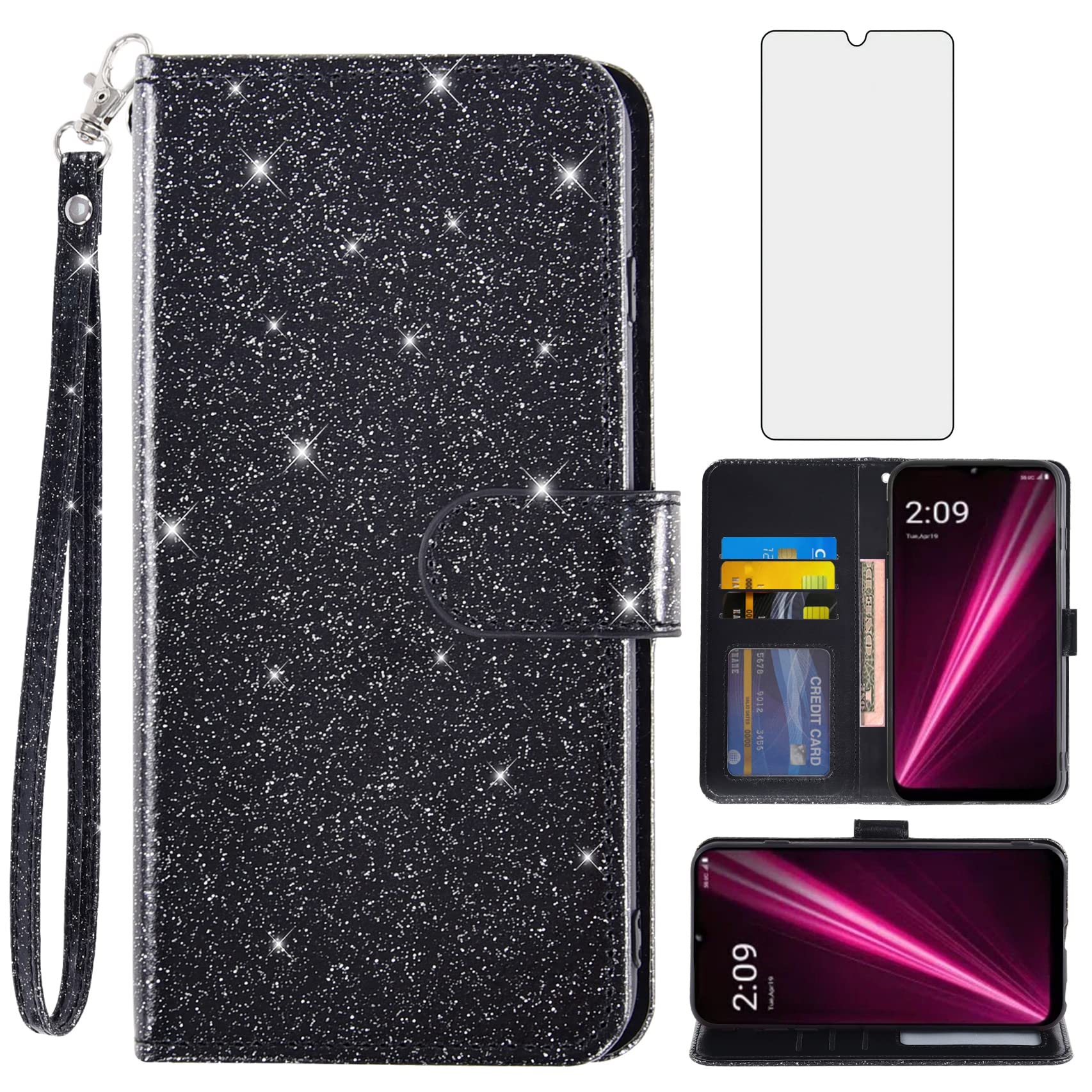 AsuwishPhone Case for T-Mobile Revvl 6 5G 2022 with Screen Protector and Glitter Wallet Cover Card Holder Slot Stand Tmobile Revvl6 T Mobile Revel Tmo Revell Rebel 65G TCL Revll6 TMAF025G Black