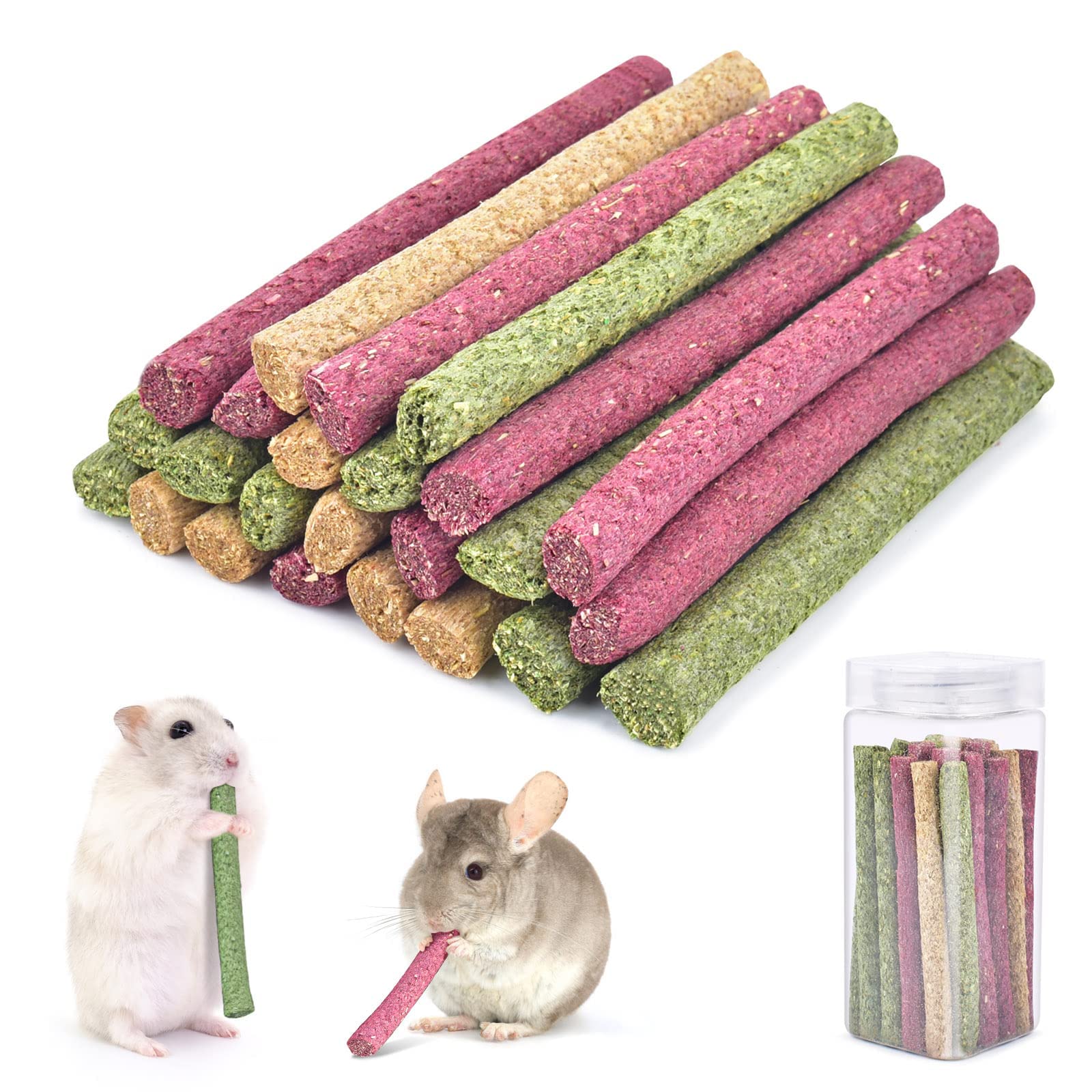 NNCV Timothy Hay Sticks,Rabbit Chew Toys for Teeth Natural Timothy Grass Molar Sticks Treats Alfalfa Hay for Bunnies, Chinchilla Guinea Pigs, Gerbil, Hamster 25 Pcs (Timothy+Oatmeal+Beet)