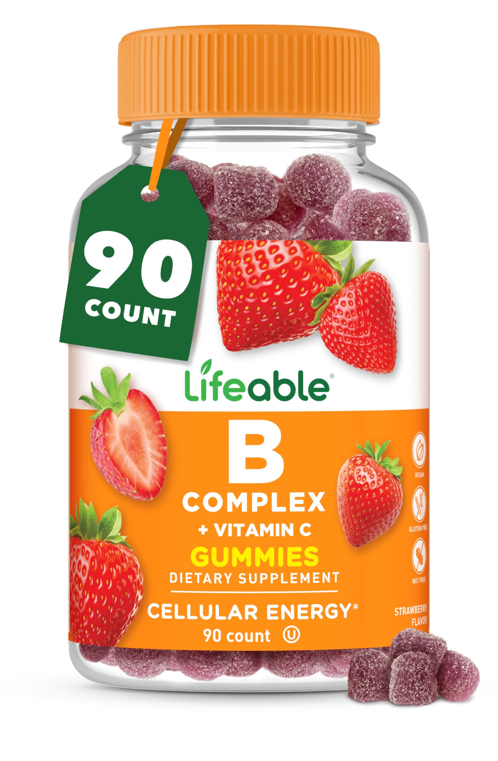 Lifeable Vitamin B Complex Gummies for Adults | with Vitamin C | Great Tasting Vitamin B Gummies | for Energy and Nerve System | Vegan B Complex Vitamins for Women, Men | 90 Gummies