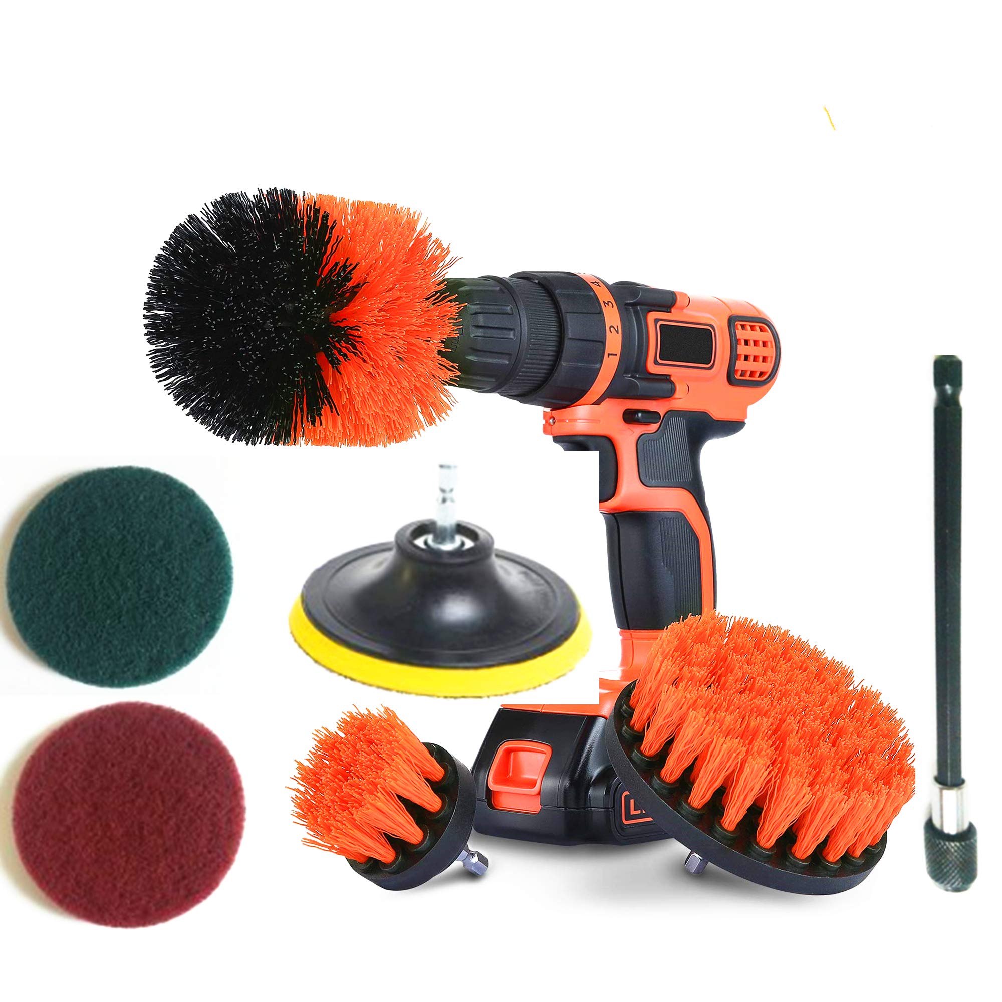 Drill Brush Heavy Duty Stiff Bristle Scrub Brush with 6 Inch Extend & Scrub Pads Cleaning Kit Great for Cleaning Pool Tile,Flooring,Brick,Ceramic,and Grout (Stiff Red)