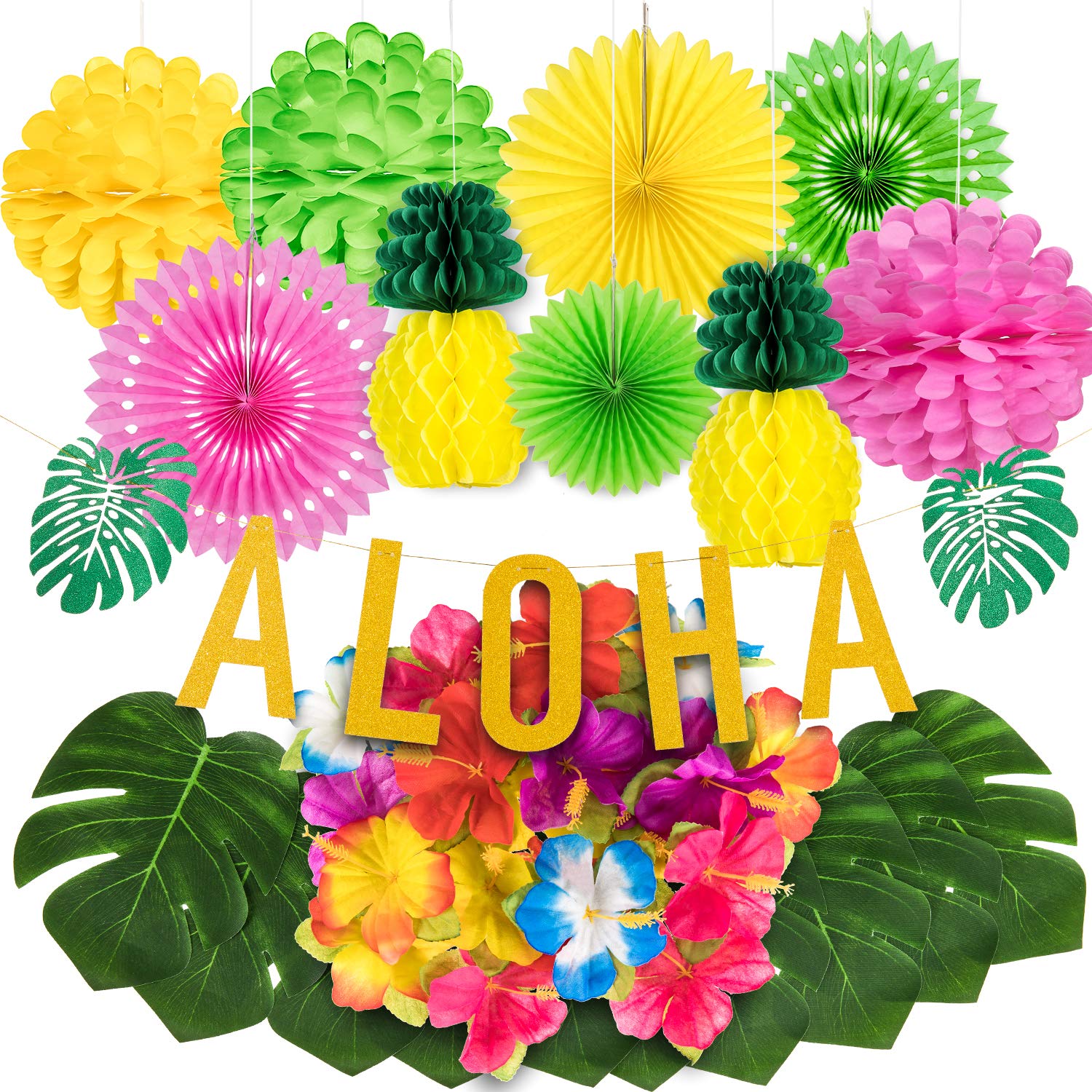 Whaline 44Pcs Tropical Party Decoration Set, Aloha Banner, 24 Hawaiian Flowers, 10 Palm Leaves,4 Honeycomb Fans,3 Tissue Paper Pom Poms, 2 Paper Pineapple for Luau Jungle Beach Theme Party Supplies